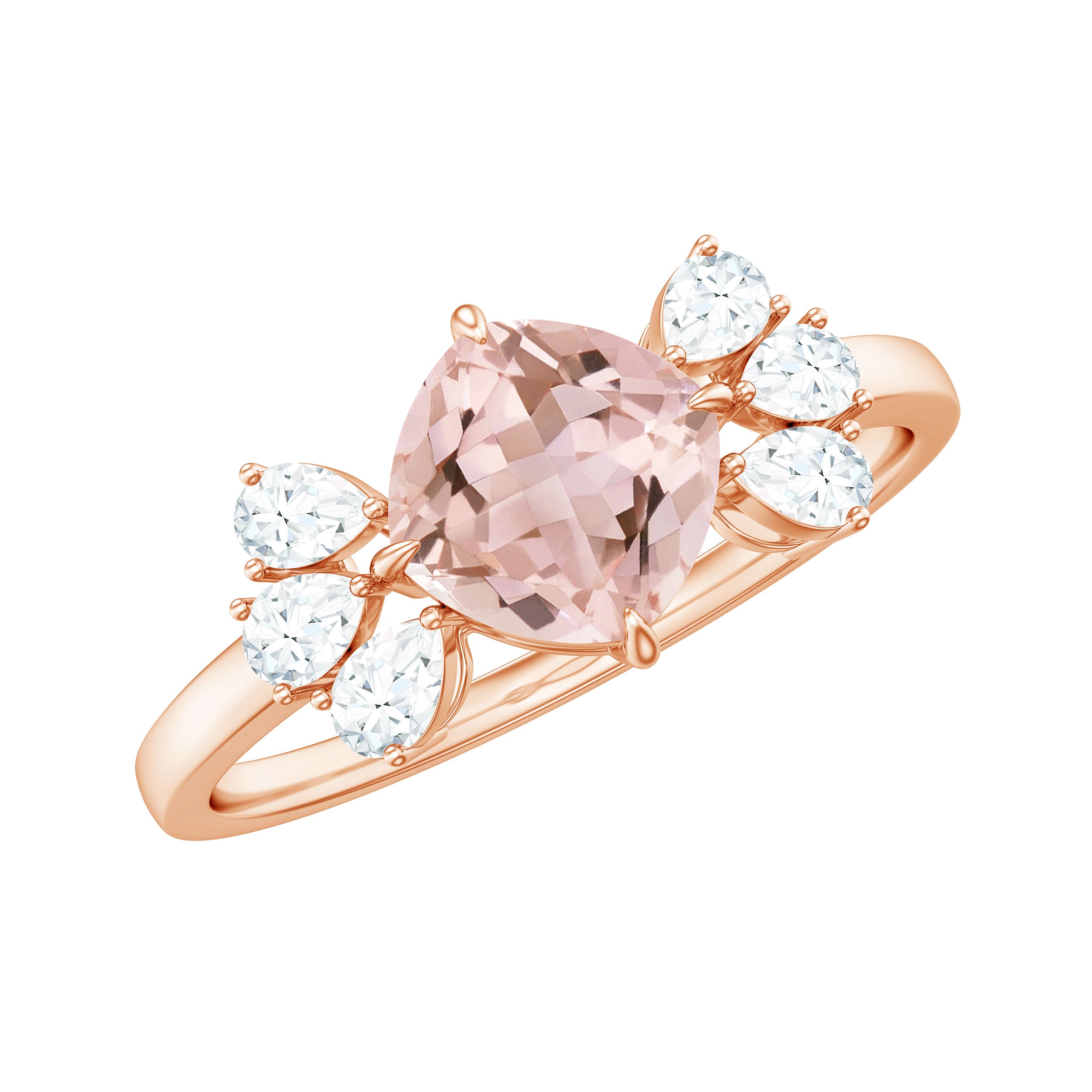 Cushion Cut Morganite Solitaire Ring with Diamond Trio Morganite - ( AAA ) - Quality - Rosec Jewels