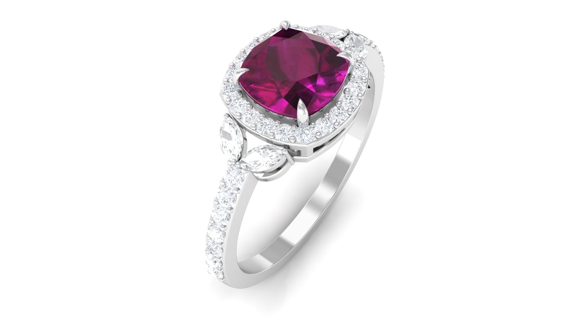 2 CT Cushion Cut Rhodolite Halo Engagement Ring with Diamond Rhodolite - ( AAA ) - Quality - Rosec Jewels