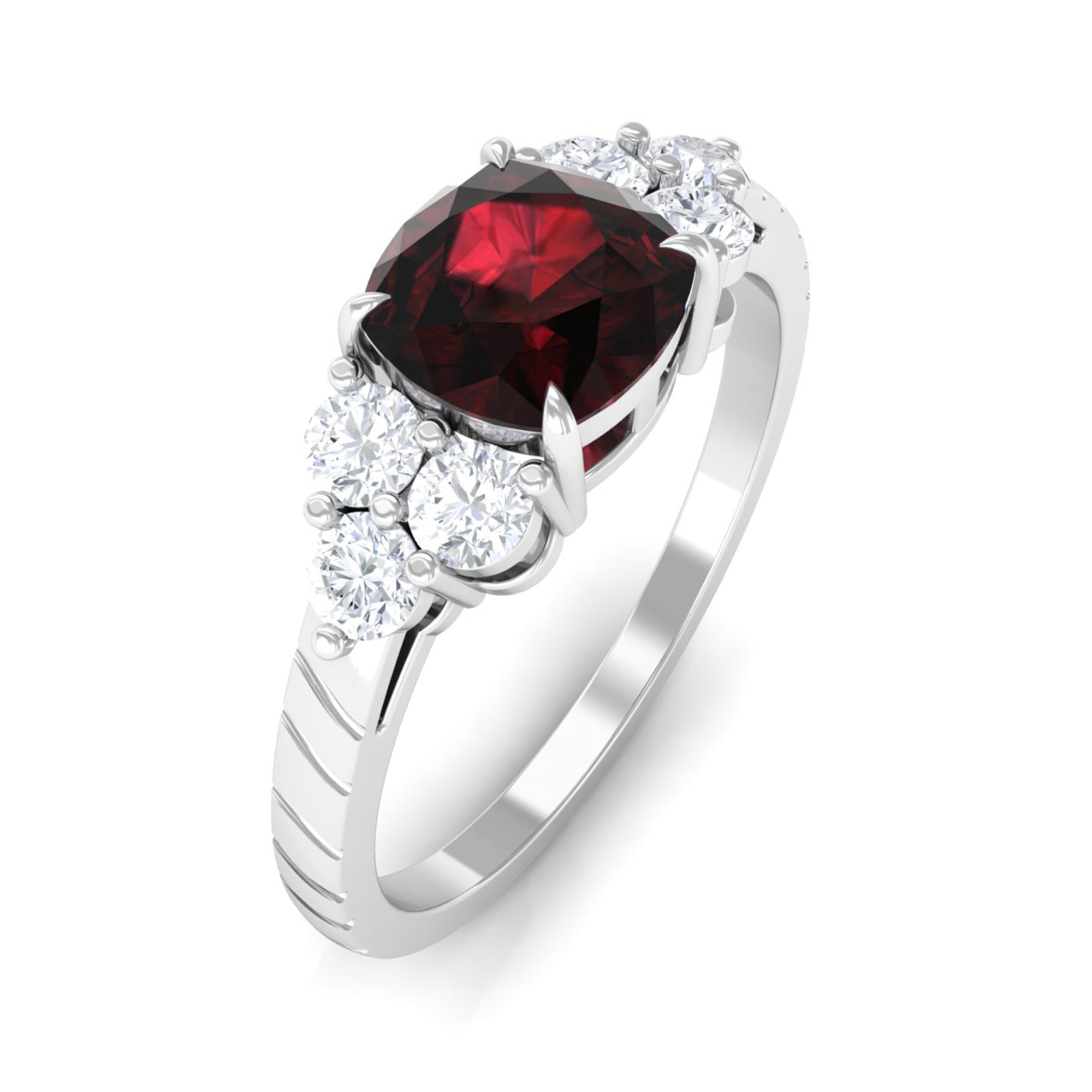 Cushion Cut Garnet Solitaire Engagement Ring with Diamond Trio Garnet - ( AAA ) - Quality - Rosec Jewels