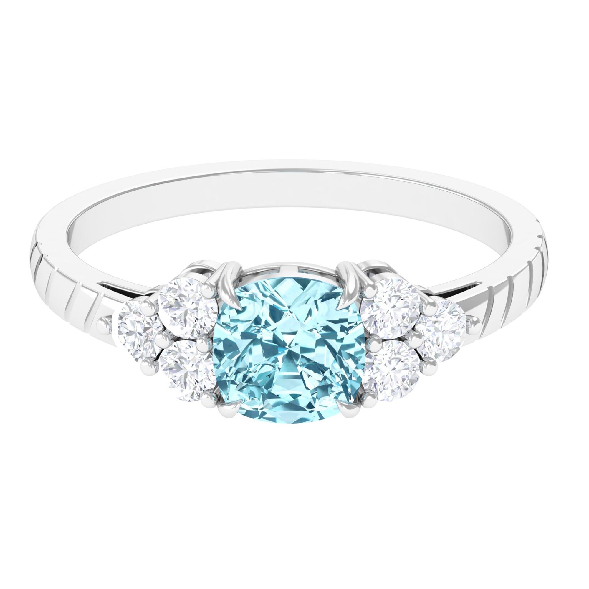 Cushion Cut Aquamarine Solitaire Ring with Diamond Aquamarine - ( AAA ) - Quality - Rosec Jewels