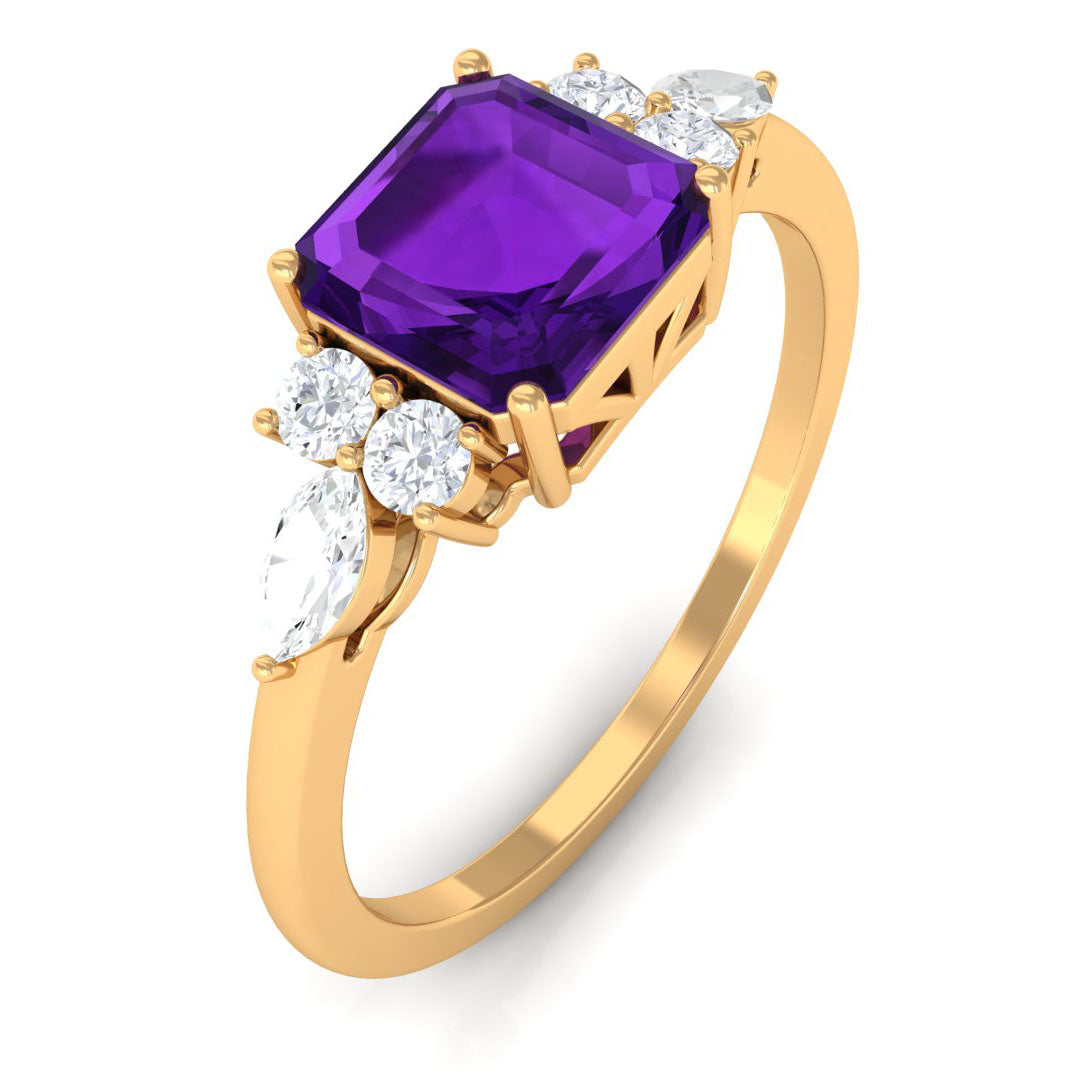 Asscher Cut Amethyst Solitaire Engagement Ring with Diamond Trio Amethyst - ( AAA ) - Quality - Rosec Jewels