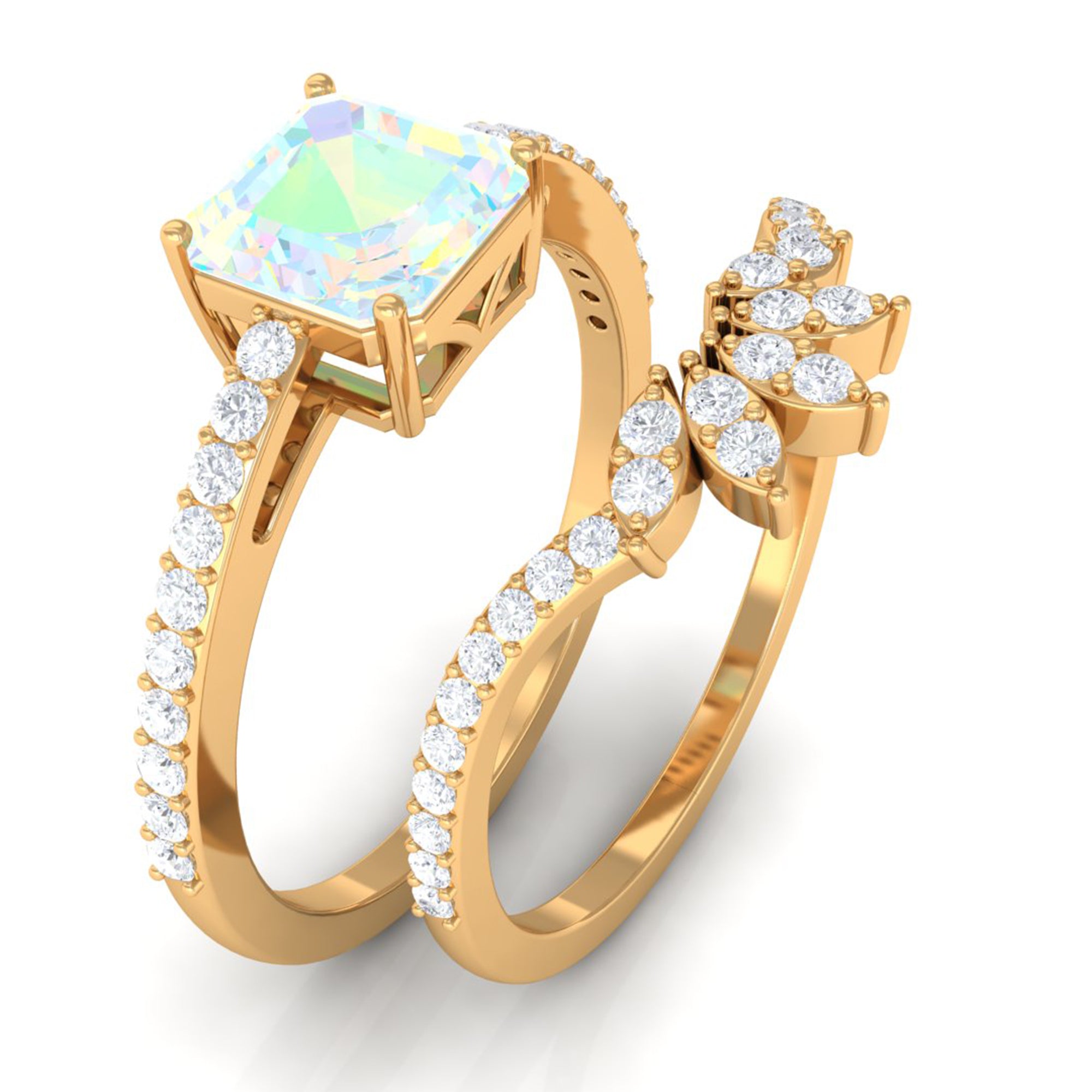 Asscher Cut Ethiopian Opal Solitaire Wedding Ring Set with Diamond Accent Ethiopian Opal - ( AAA ) - Quality - Rosec Jewels