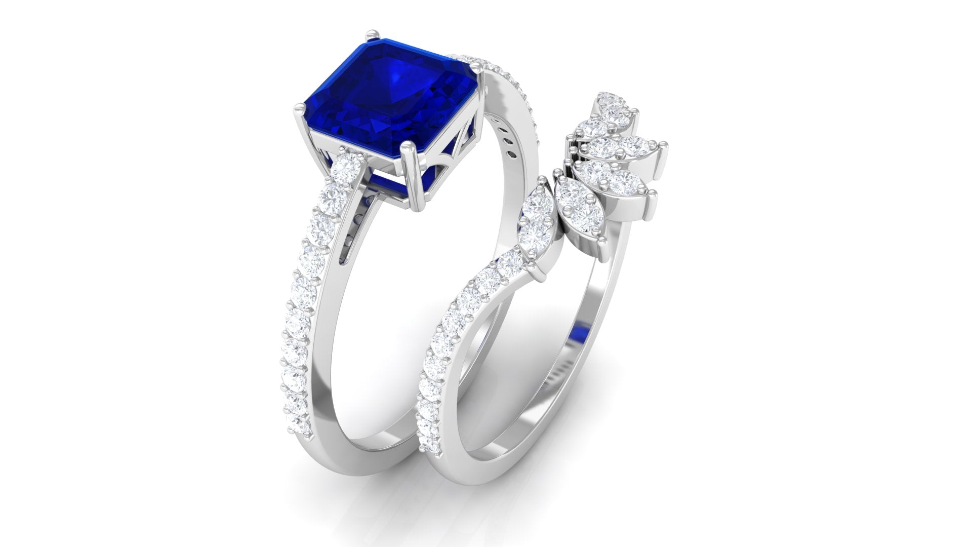 Asscher Cut Created Blue Sapphire Solitaire Wedding Ring Set with Diamond Accent Lab Created Blue Sapphire - ( AAAA ) - Quality - Rosec Jewels