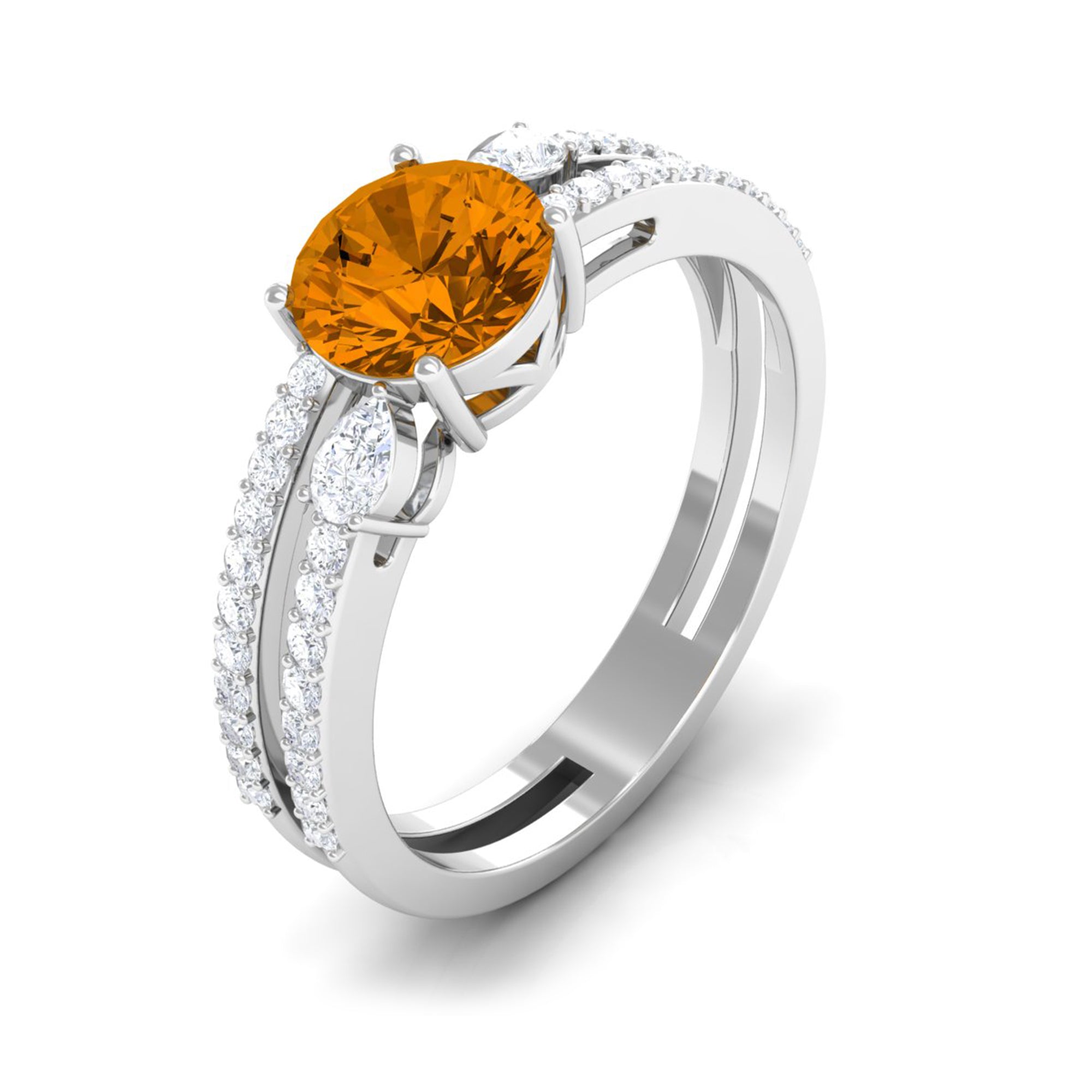 Solitaire Citrine Double Band Engagement Ring with Diamond Citrine - ( AAA ) - Quality - Rosec Jewels