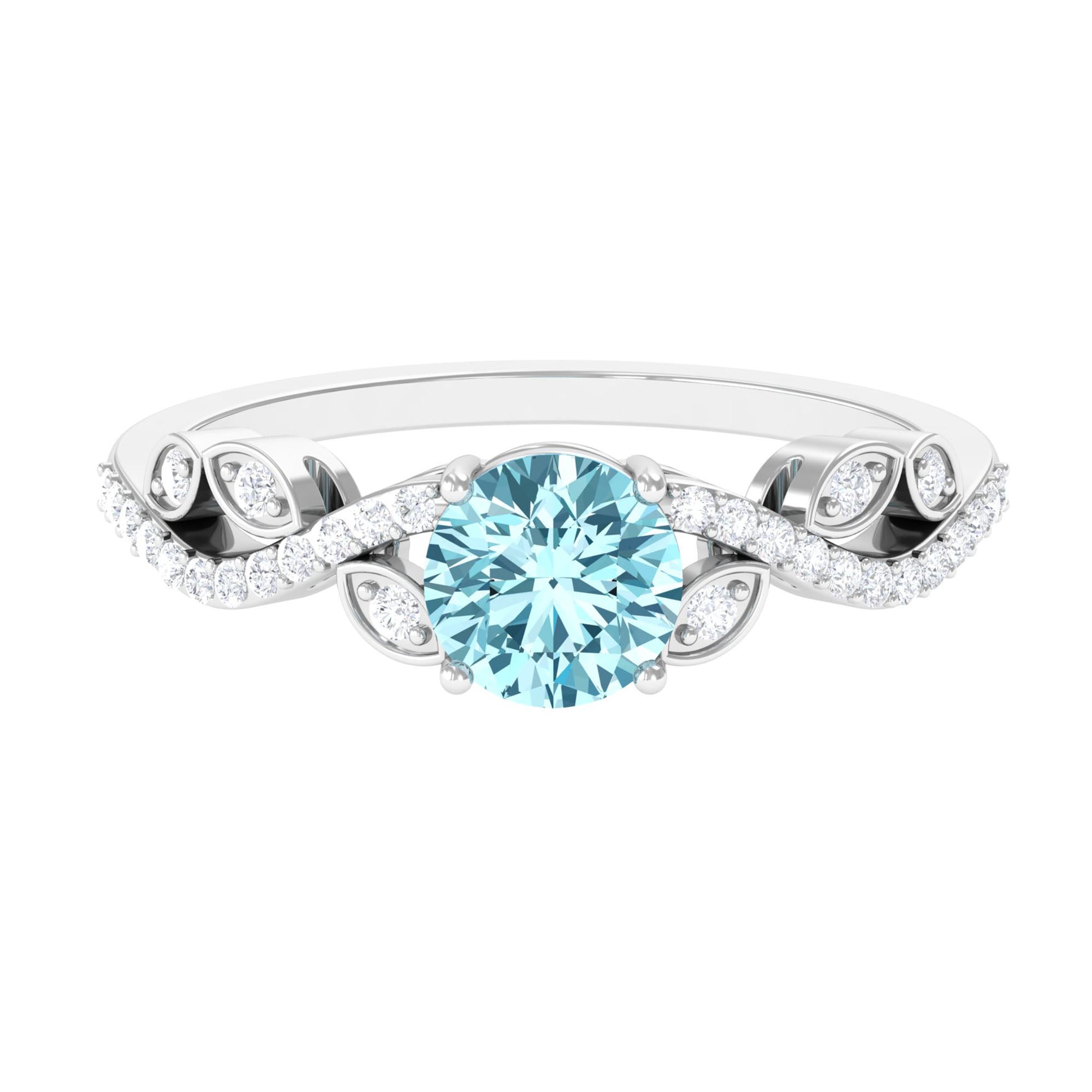 Round Shape Aquamarine Designer Engagement Ring with Diamond Aquamarine - ( AAA ) - Quality - Rosec Jewels