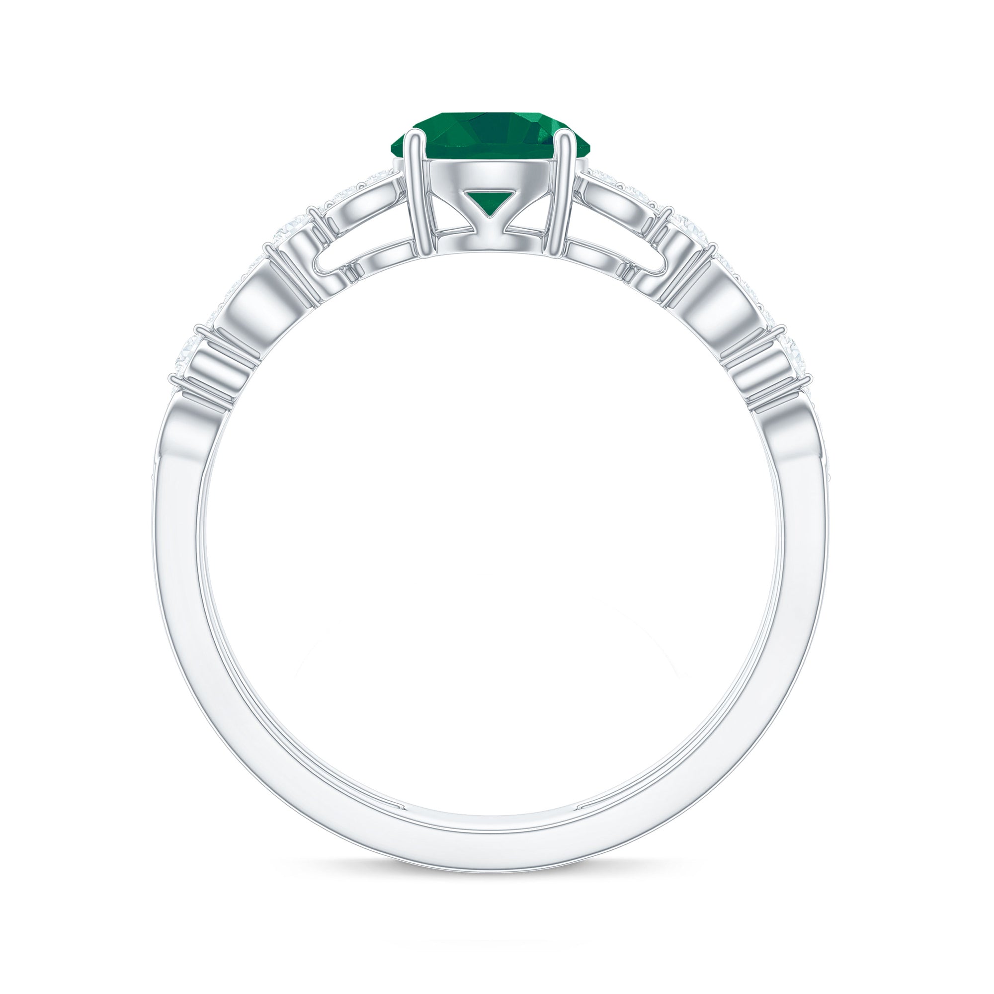 Solitaire Emerald Double Band Engagement Ring with Diamond Emerald - ( AAA ) - Quality - Rosec Jewels