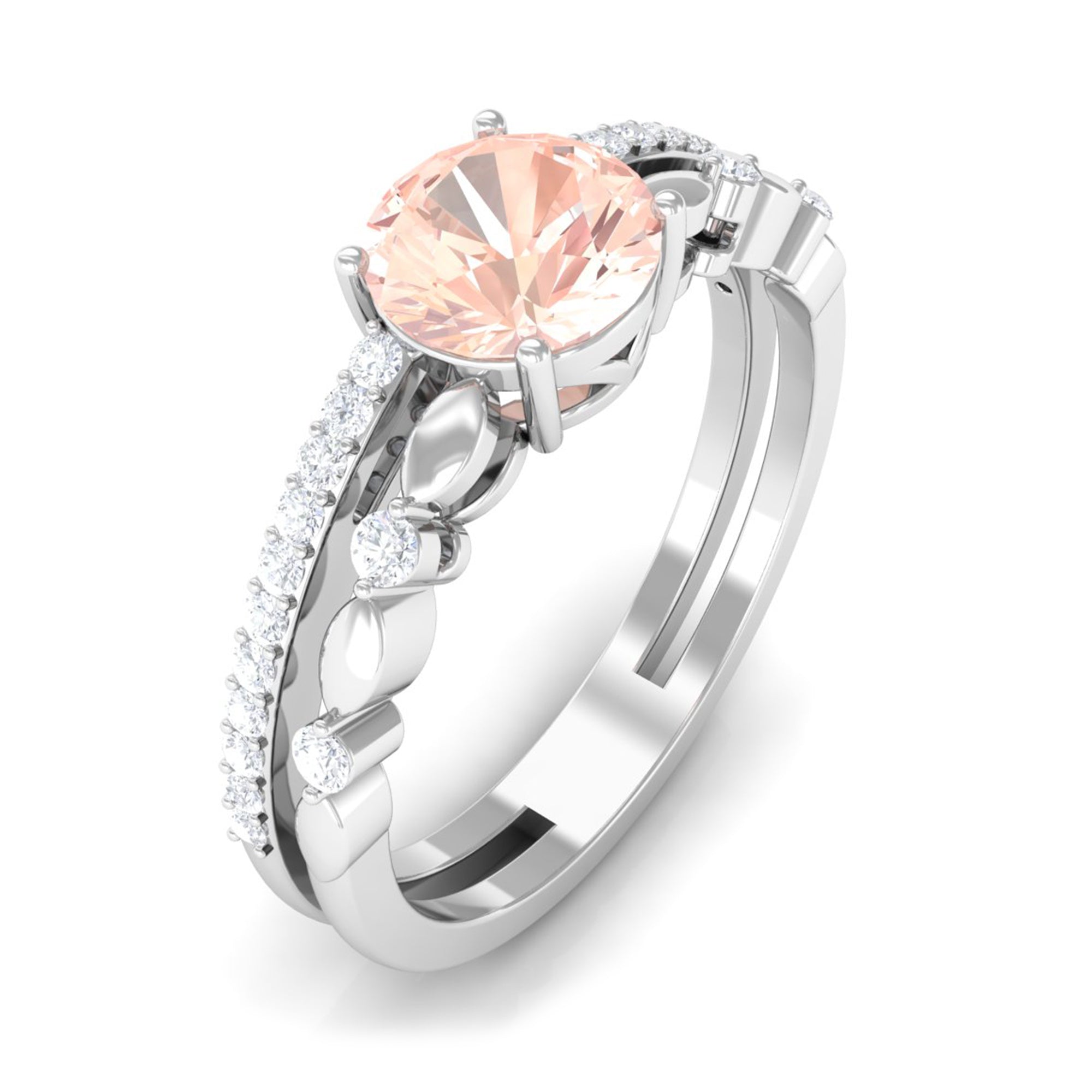 Round Shape Morganite Solitaire Double Band Ring with Diamond Morganite - ( AAA ) - Quality - Rosec Jewels