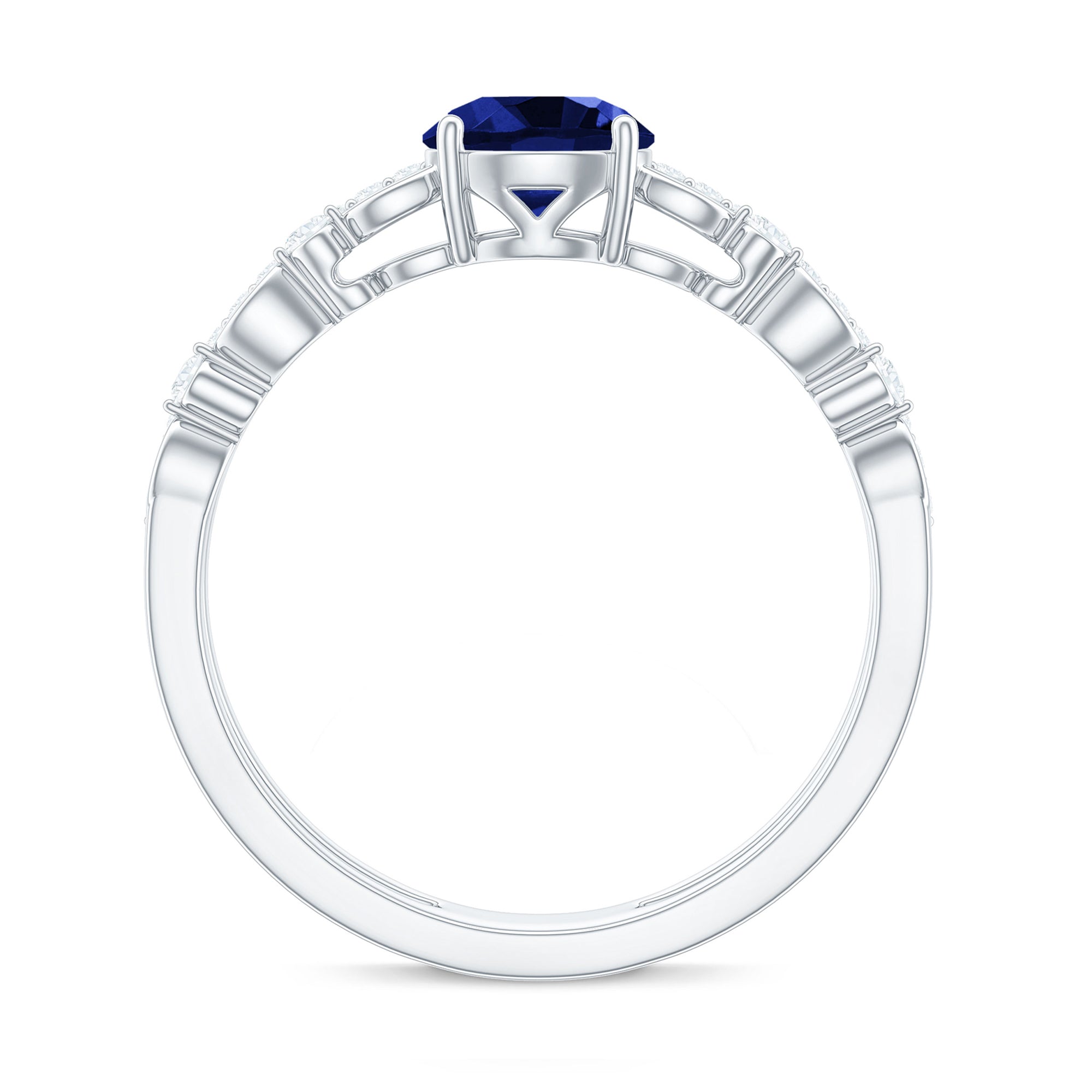 6 MM Created Blue Sapphire Solitaire Engagement Double Band Ring with Diamond Lab Created Blue Sapphire - ( AAAA ) - Quality - Rosec Jewels