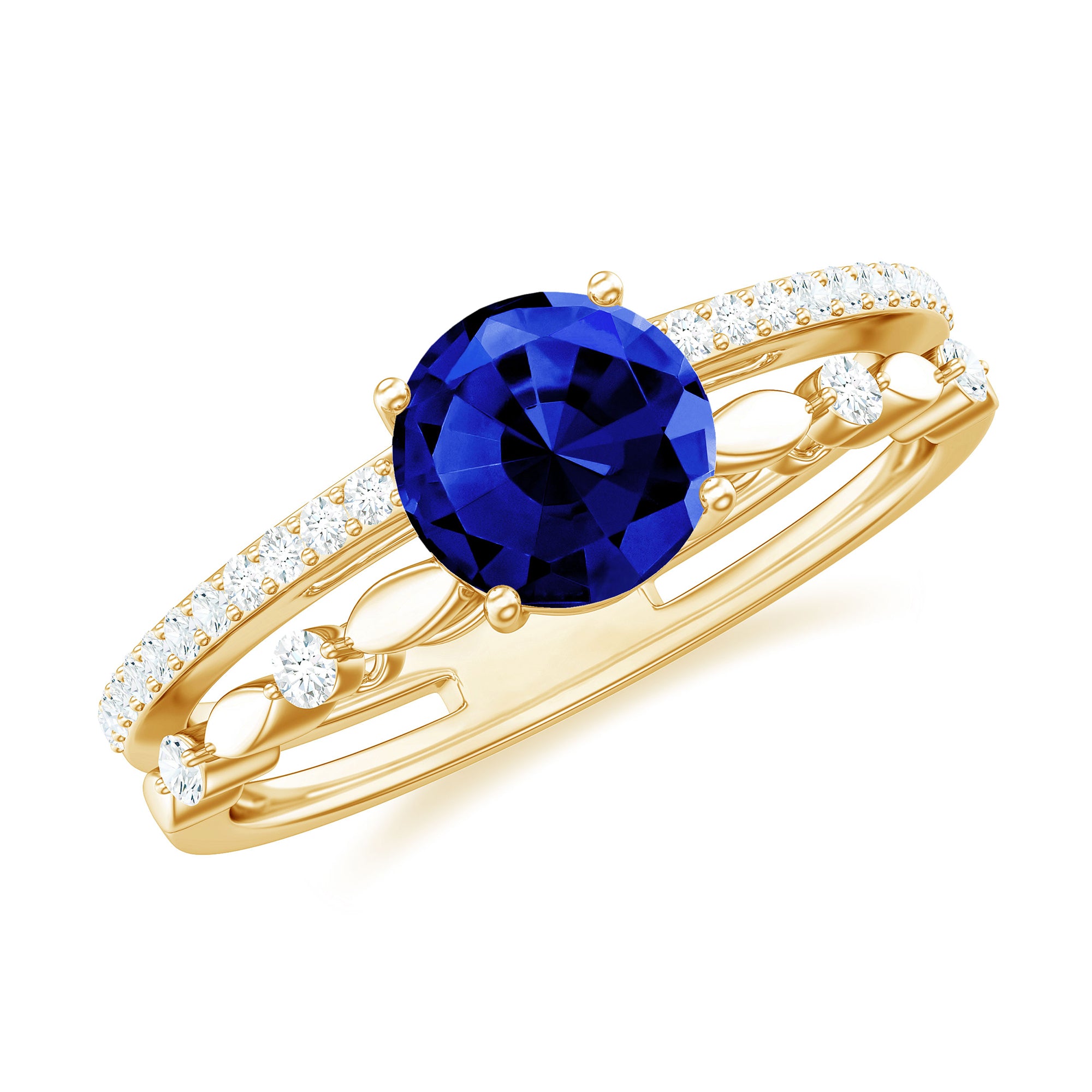 6 MM Created Blue Sapphire Solitaire Engagement Double Band Ring with Diamond Lab Created Blue Sapphire - ( AAAA ) - Quality - Rosec Jewels