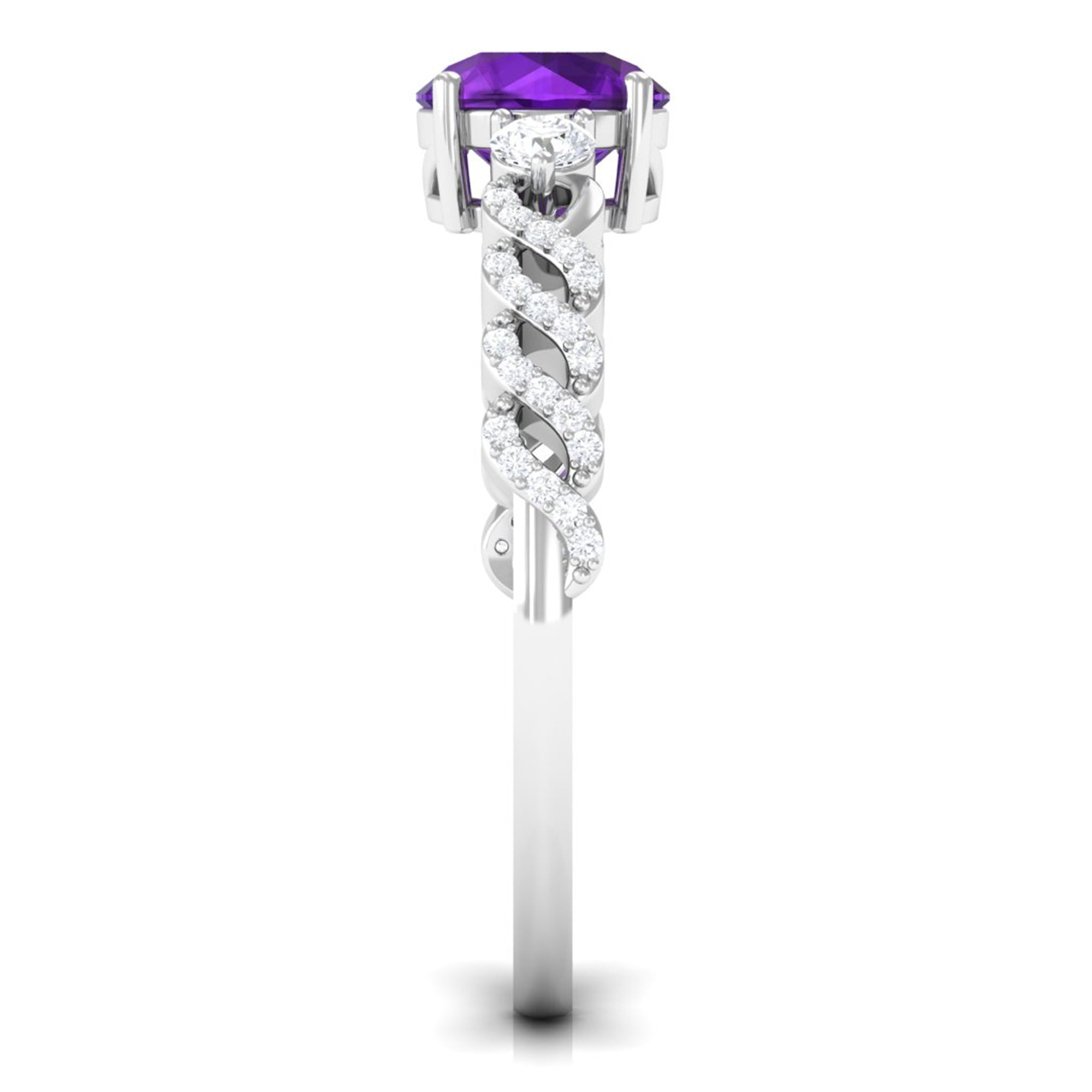 Round Amethyst Solitaire Ring with Diamond Side Stones Amethyst - ( AAA ) - Quality - Rosec Jewels