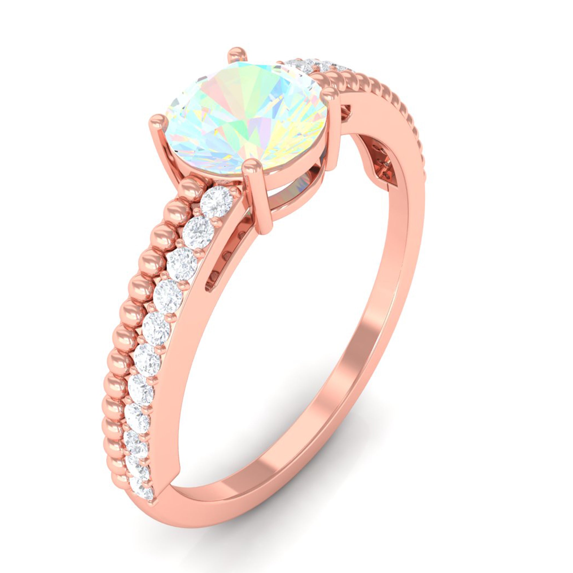 Round Ethiopian Opal Solitaire Ring with Diamond Side Stones Ethiopian Opal - ( AAA ) - Quality - Rosec Jewels