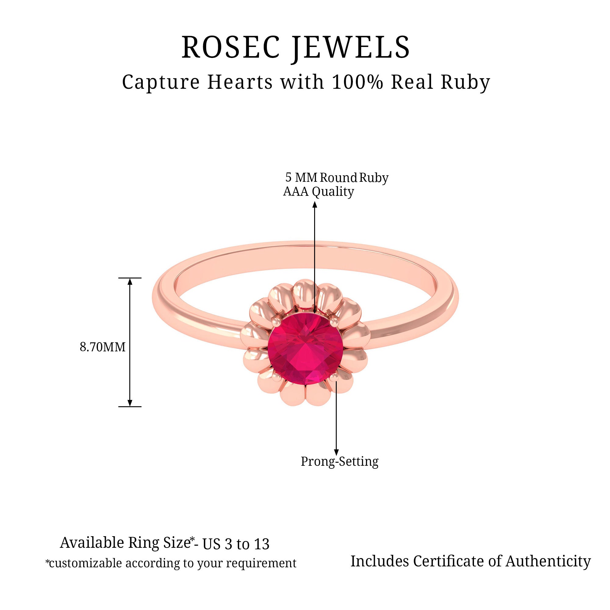 3/4 CT Round Cut Solitaire Ruby Gold Flower Ring Ruby - ( AAA ) - Quality - Rosec Jewels