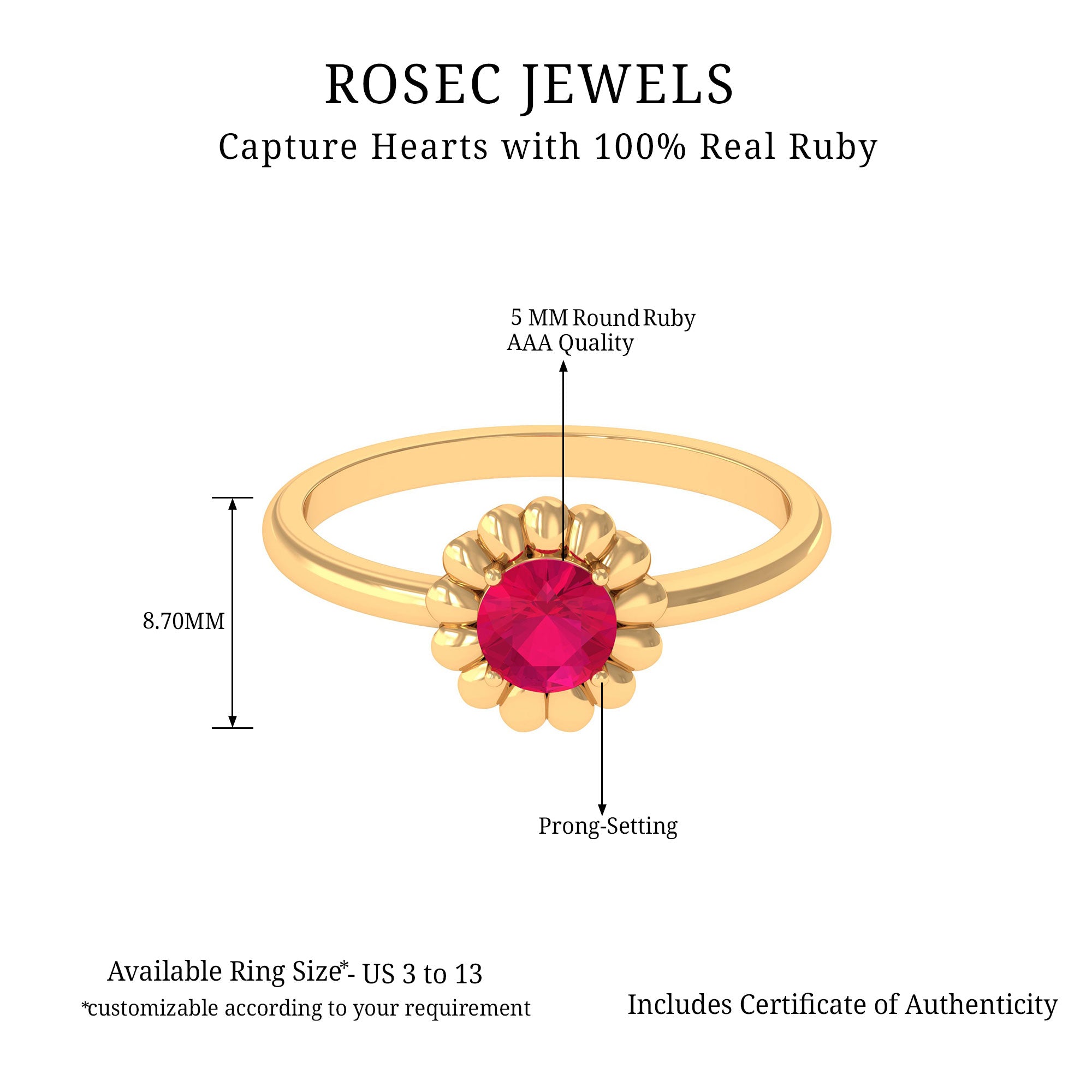 3/4 CT Round Cut Solitaire Ruby Gold Flower Ring Ruby - ( AAA ) - Quality - Rosec Jewels