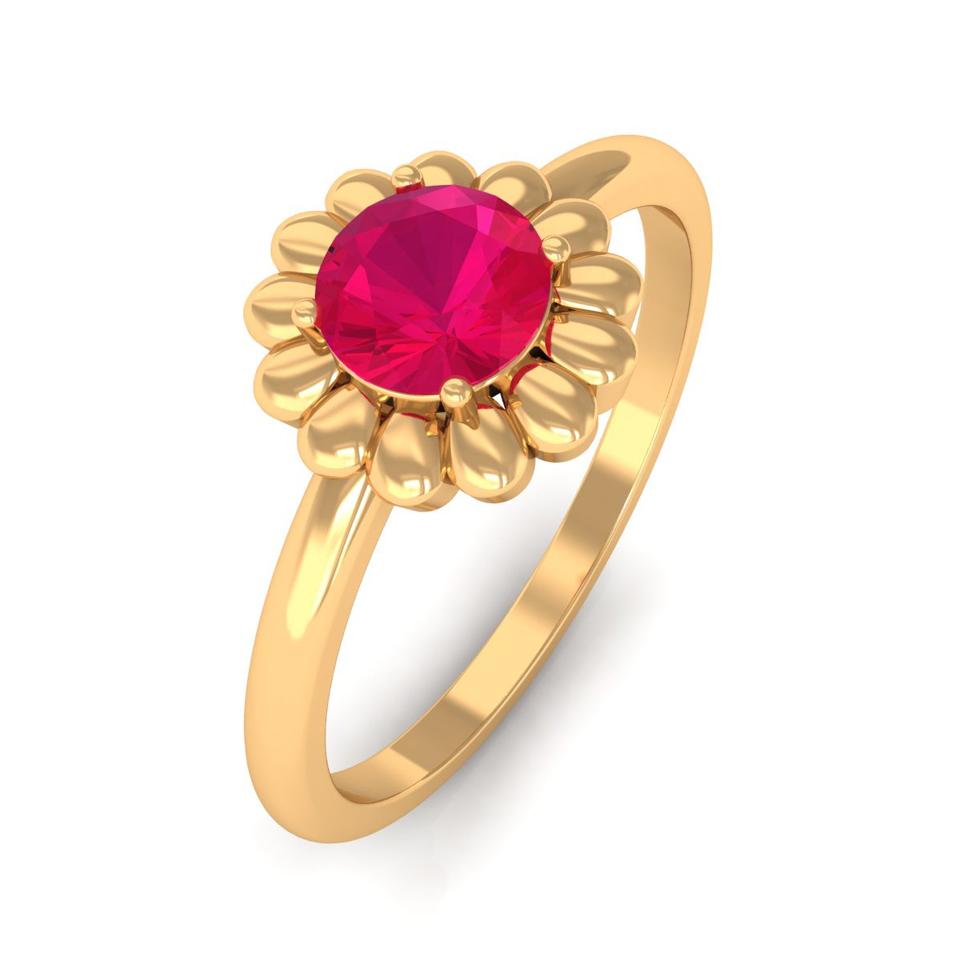 3/4 CT Round Cut Solitaire Ruby Gold Flower Ring Ruby - ( AAA ) - Quality - Rosec Jewels