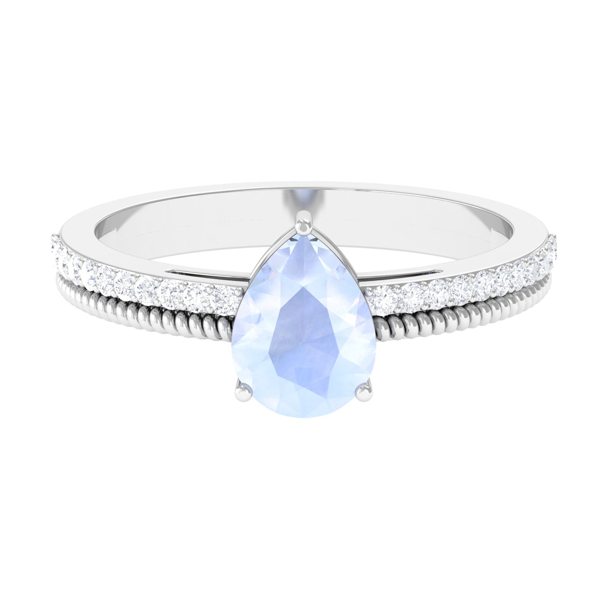 Pear Shaped Moonstone and Diamond Solitaire Ring with Twisted Rope Moonstone - ( AAA ) - Quality - Rosec Jewels