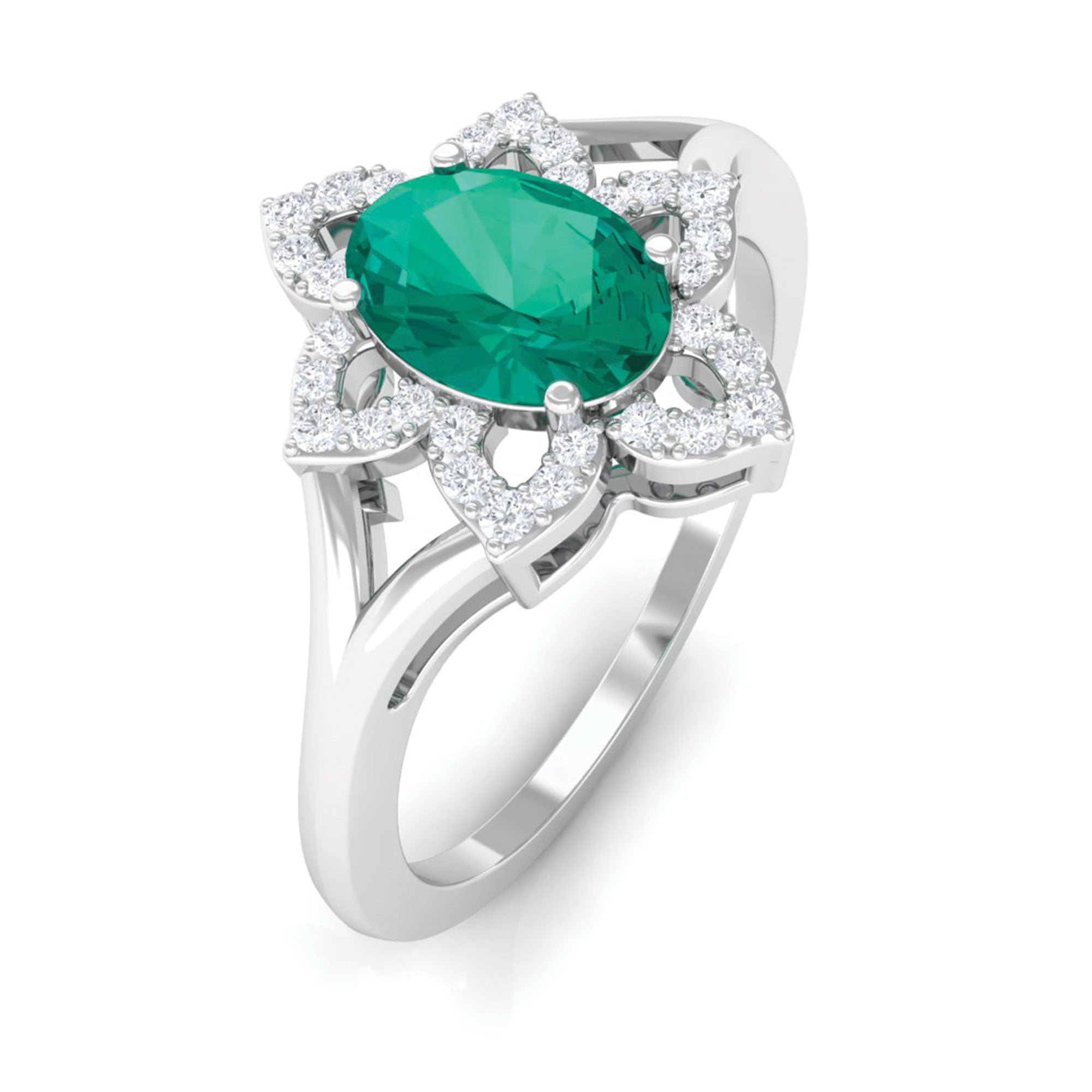 Oval Emerald and Diamond Flower Engagement Ring in Split Shank Emerald - ( AAA ) - Quality - Rosec Jewels