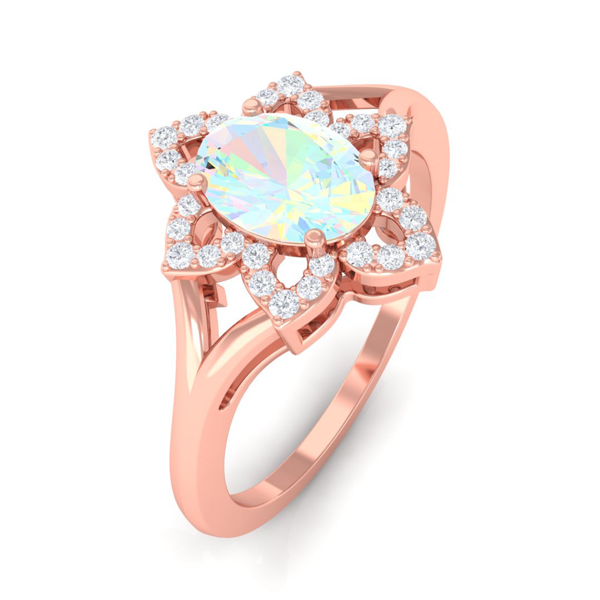 Oval Ethiopian Opal and Diamond Flower Engagement Ring in Split Shank Ethiopian Opal - ( AAA ) - Quality - Rosec Jewels
