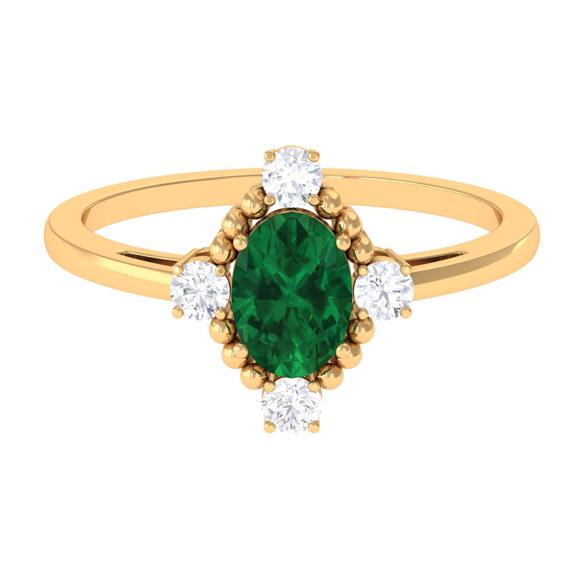 Vintage Style Oval Created Emerald Solitaire Engagement Ring with Diamond Lab Created Emerald - ( AAAA ) - Quality - Rosec Jewels