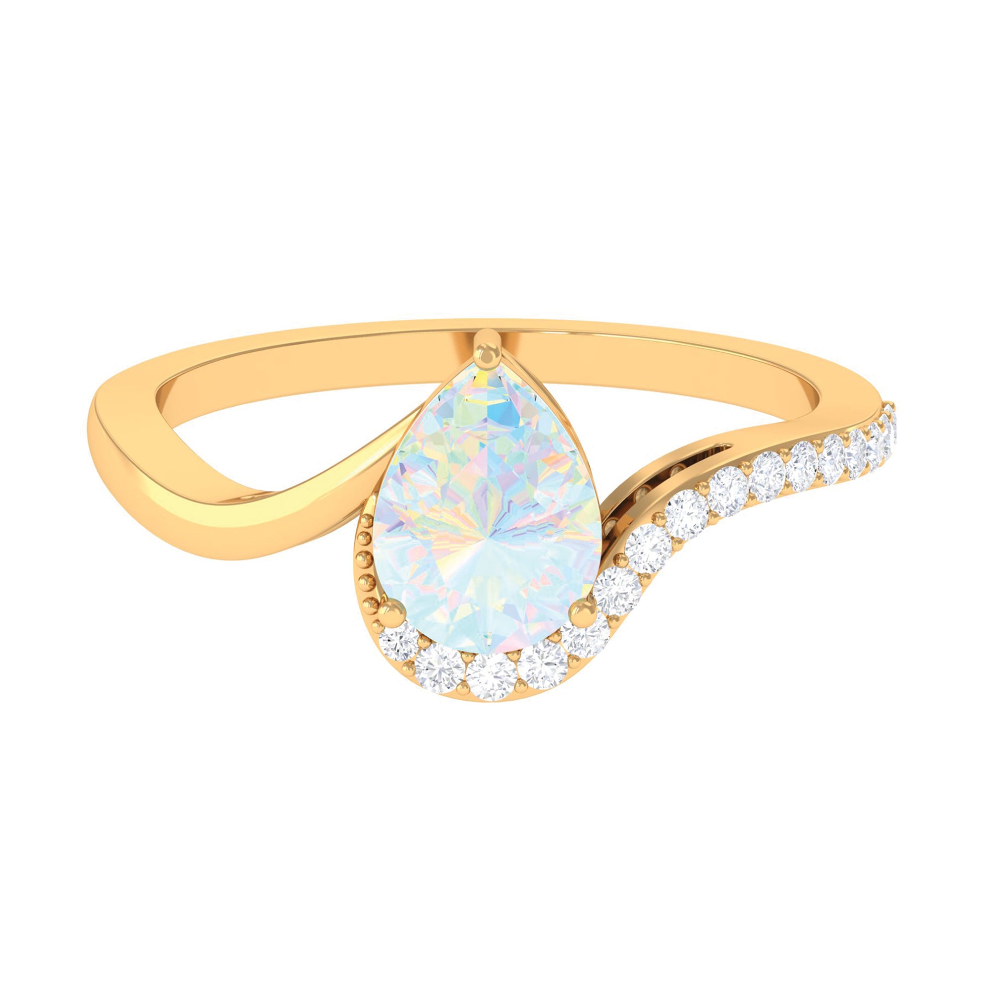 Pear Shaped Ethiopian Opal Solitaire Bypass Ring with Diamond Ethiopian Opal - ( AAA ) - Quality - Rosec Jewels