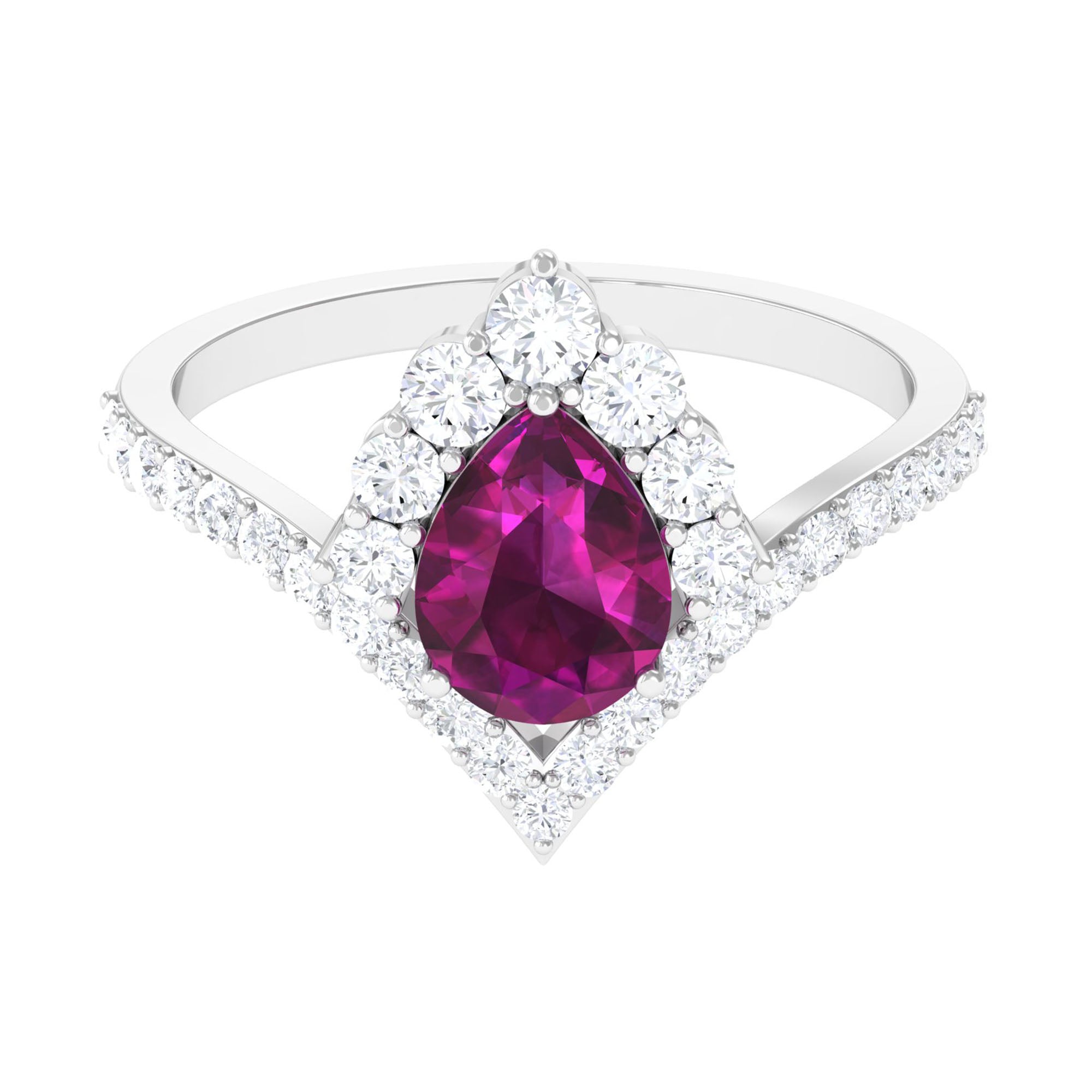 2.75 CT Pear Rhodolite Teardrop Engagement Ring with Moissanite Halo Rhodolite - ( AAA ) - Quality - Rosec Jewels