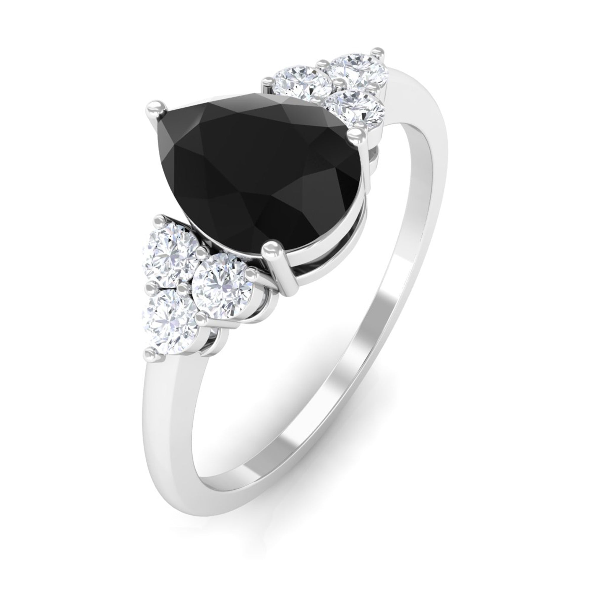 Pear Cut Created Black Diamond Solitaire Ring with Diamond Trio Lab Created Black Diamond - ( AAAA ) - Quality - Rosec Jewels