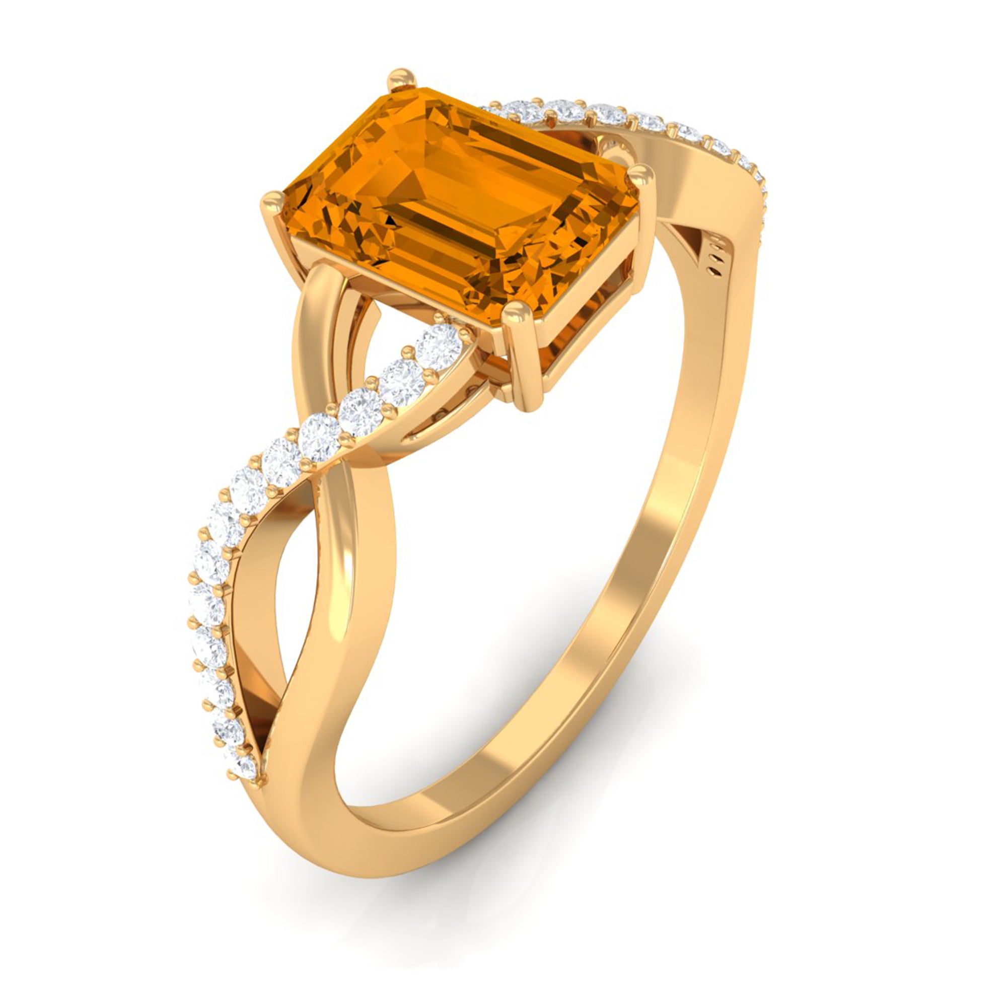 Emerald Cut Citrine and Diamond Crossover Engagement Ring Citrine - ( AAA ) - Quality - Rosec Jewels