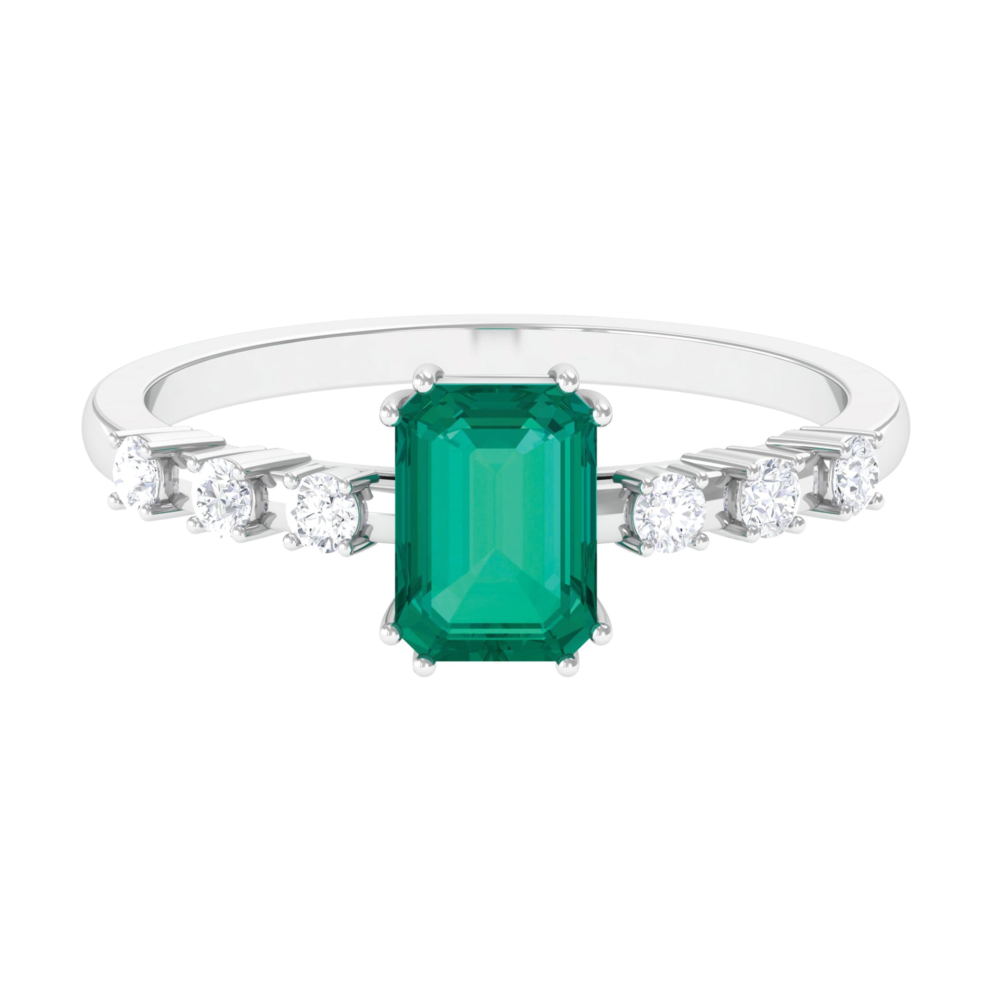 1.5 CT Octagon shape Emerald Engagement Ring with Diamond Side Stones Emerald - ( AAA ) - Quality - Rosec Jewels