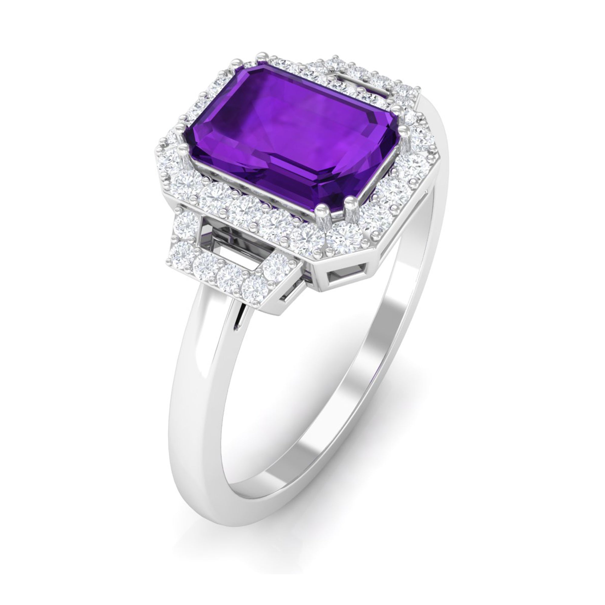 Octagon Amethyst Statement Engagement Ring with Diamond Amethyst - ( AAA ) - Quality - Rosec Jewels