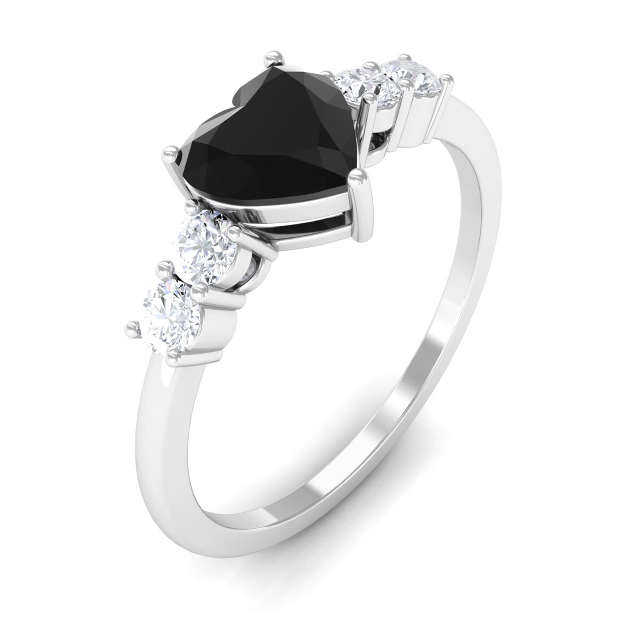 Heart Shape Created Black Diamond Solitaire Promise Ring with Diamond Lab Created Black Diamond - ( AAAA ) - Quality - Rosec Jewels