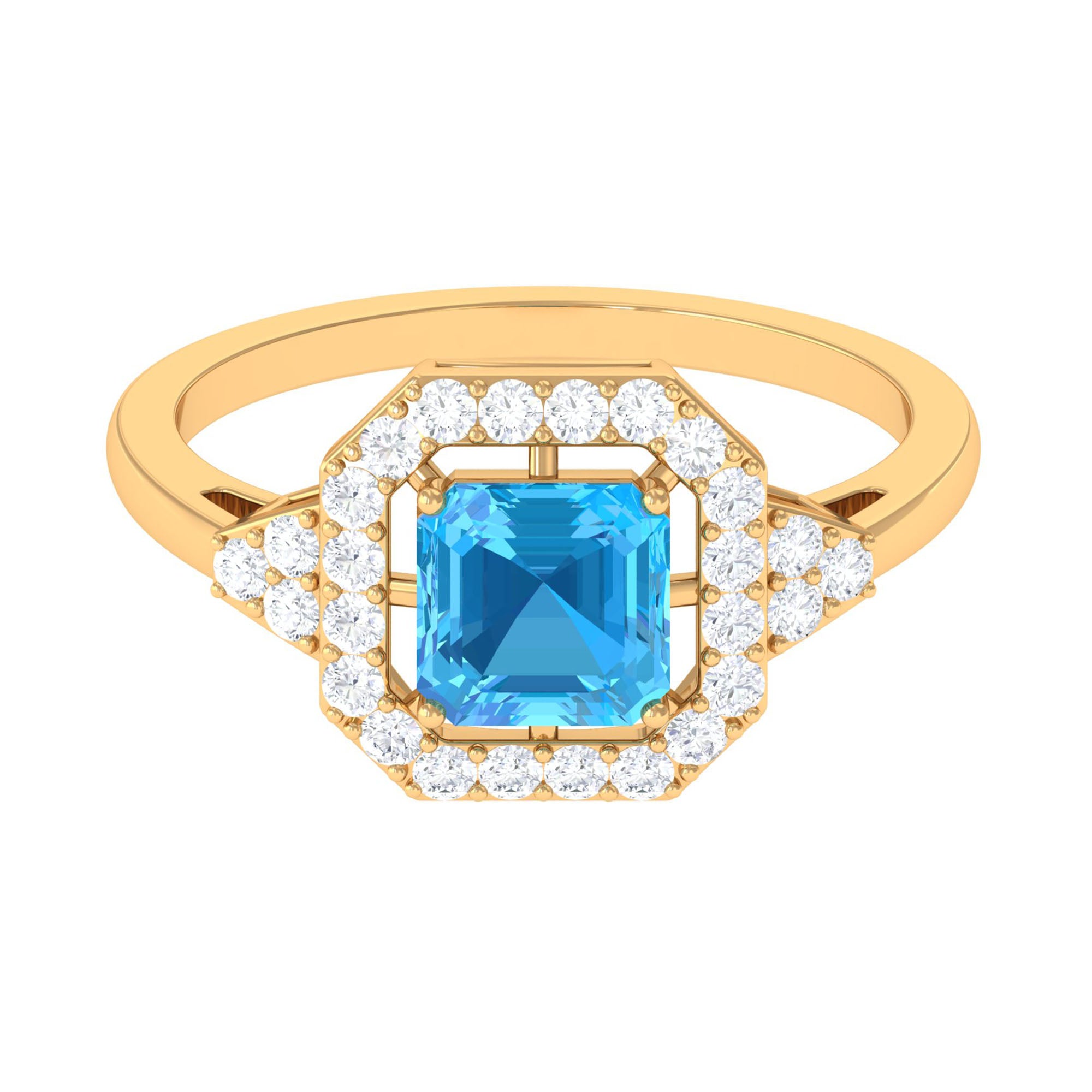 Asscher Cut Swiss Blue Topaz Engagement Ring with Diamond Halo Swiss Blue Topaz - ( AAA ) - Quality - Rosec Jewels