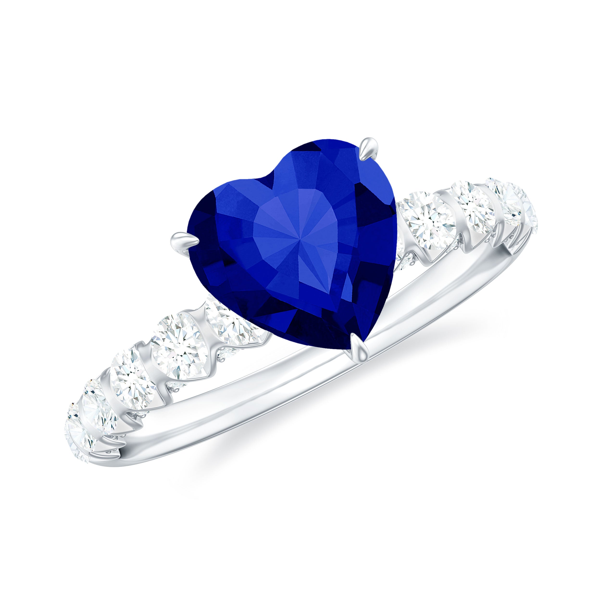 Rosec Jewels-Heart Shape Lab Grown Blue Sapphire Solitaire Engagement Ring with Diamond