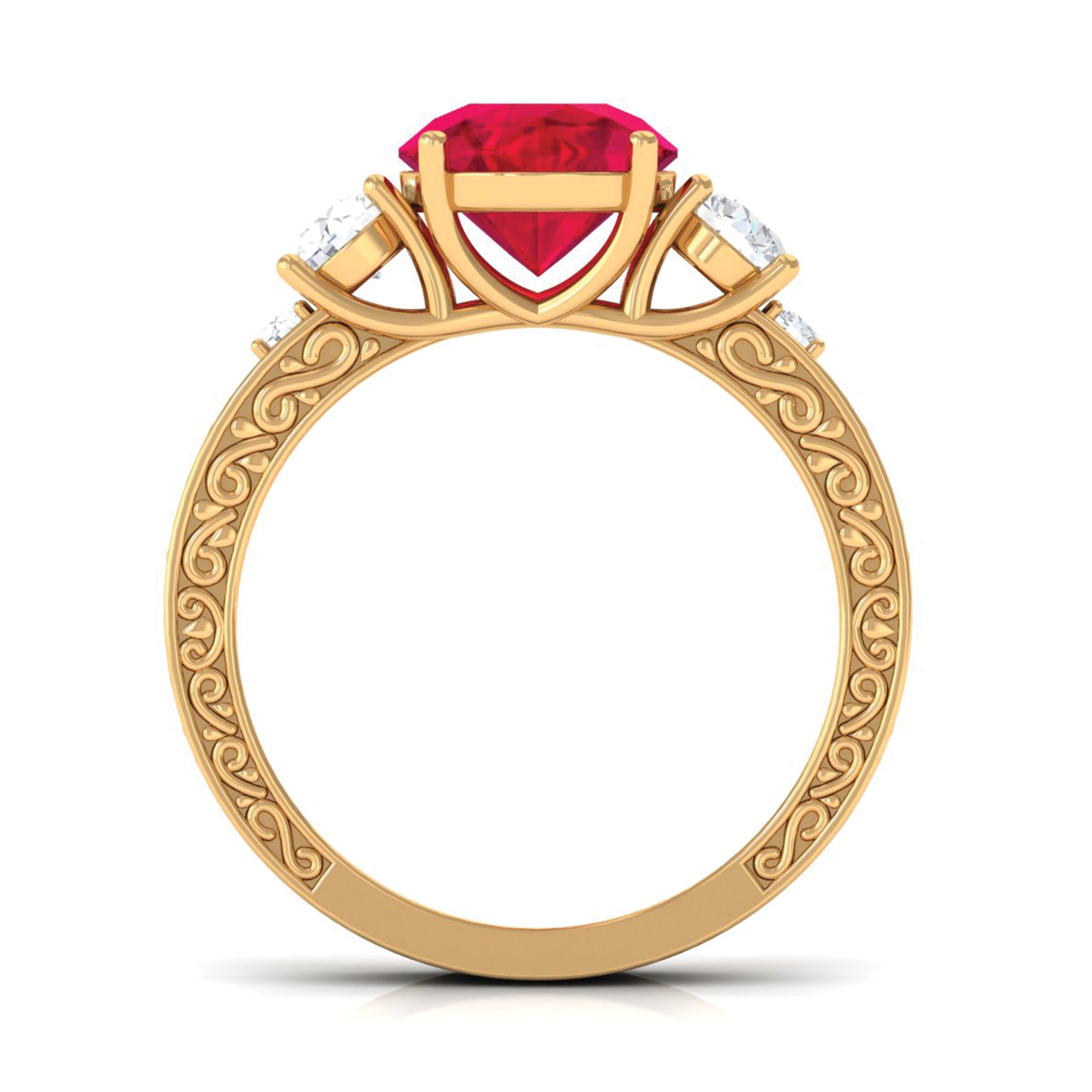 Round Created Ruby and Moissanite Art Deco Engagement Ring in Gold Lab Created Ruby - ( AAAA ) - Quality - Rosec Jewels