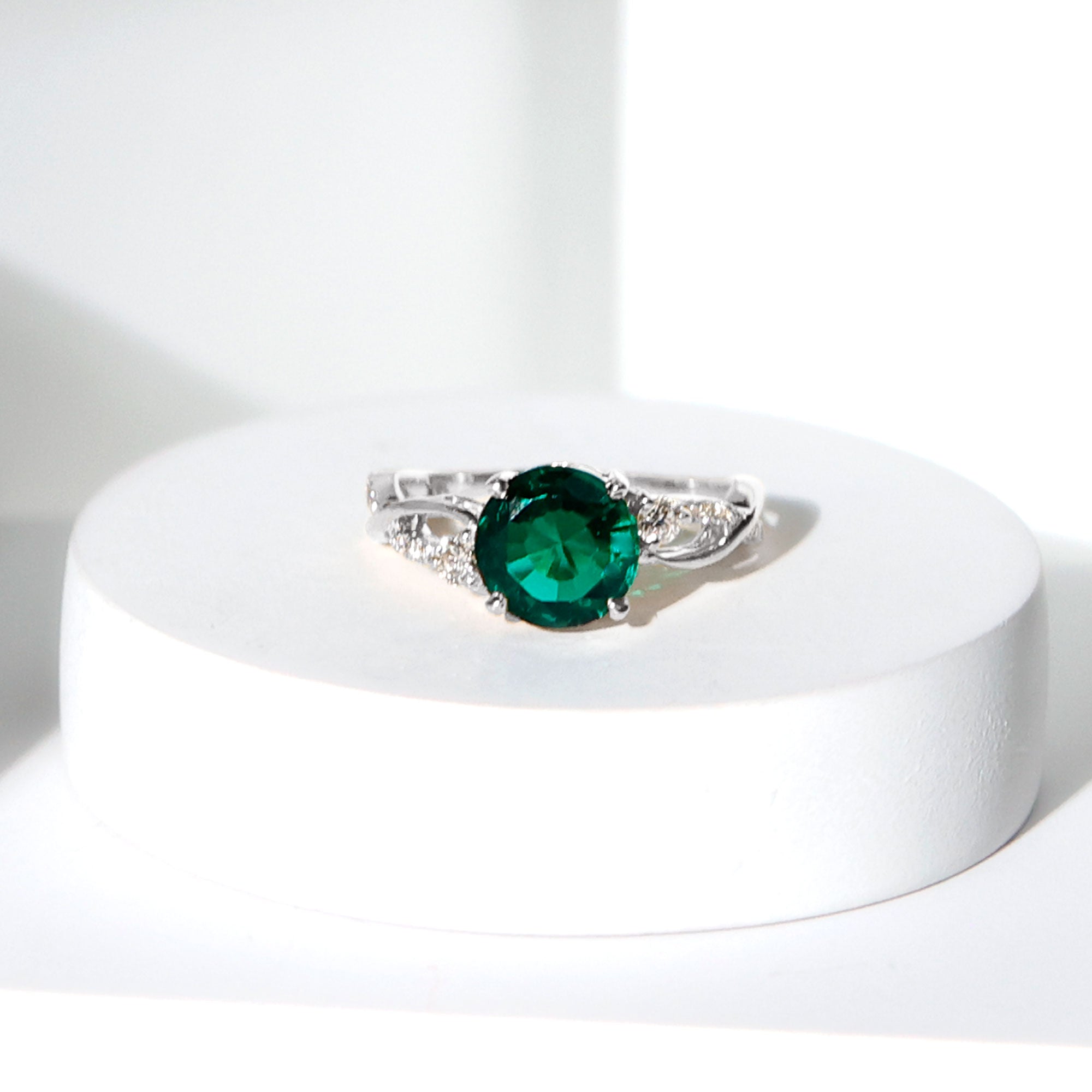 Created Emerald and Diamond Engagement Ring with Crossover Shank Lab Created Emerald - ( AAAA ) - Quality - Rosec Jewels