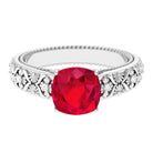 Cushion Cut Lab Grown Ruby Floral Engagement Ring with Diamond Lab Created Ruby - ( AAAA ) - Quality - Rosec Jewels