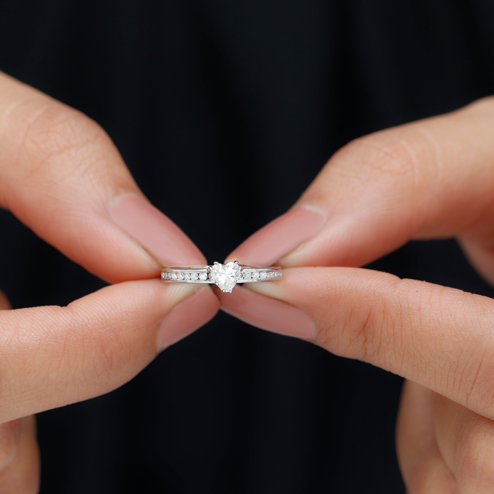 Heart Shape Lab Grown Diamond Minimal Solitaire Ring with Side Stones Lab Grown Diamond - ( EF-VS ) - Color and Clarity - Rosec Jewels