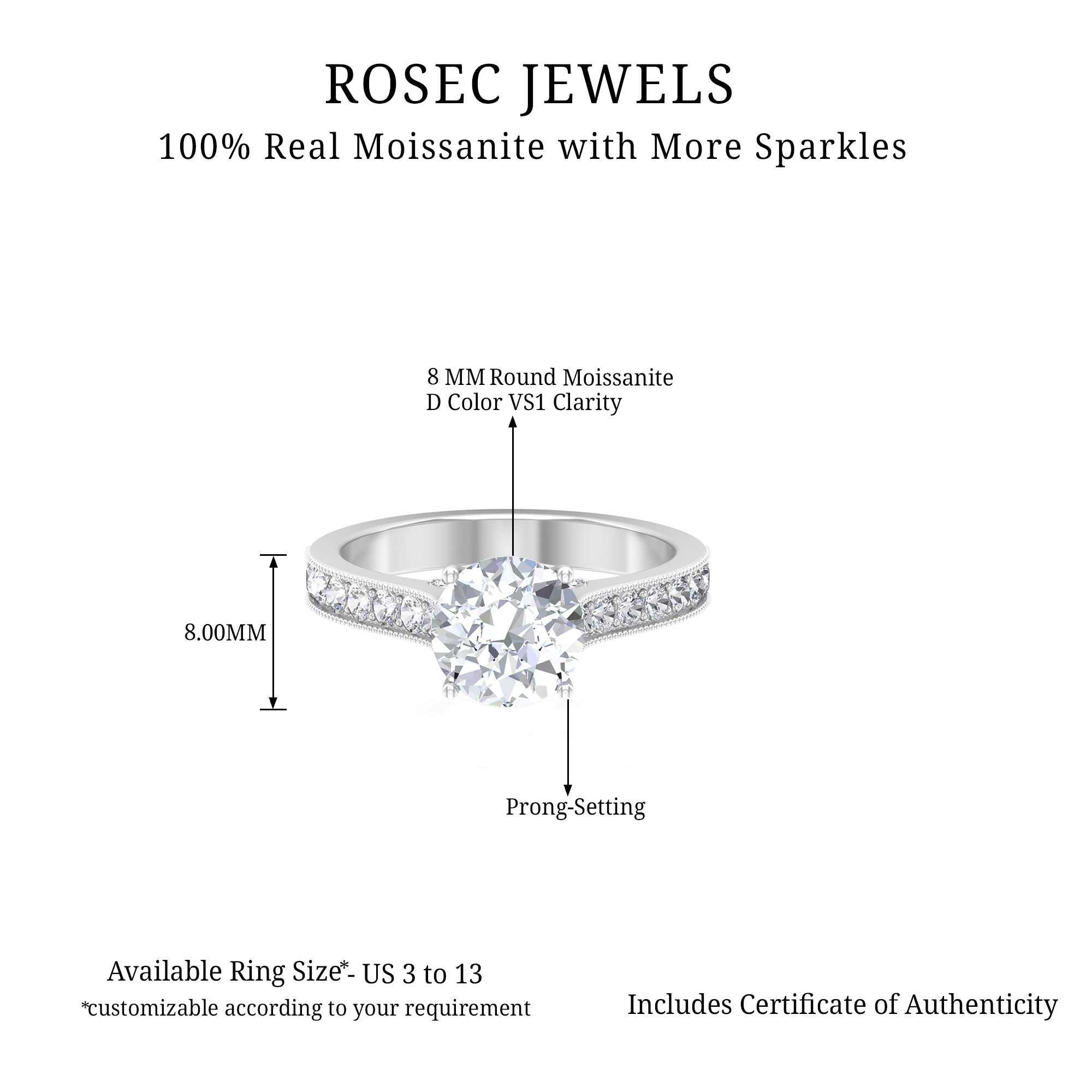 Solitaire Certified Moissanite Engagement Ring with Side Stones Moissanite - ( D-VS1 ) - Color and Clarity - Rosec Jewels