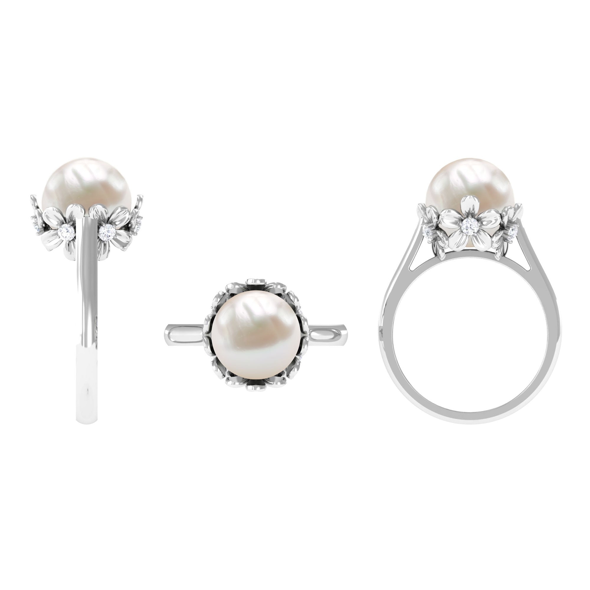 Rosec Jewels-Floral Set Freshwater Pearl Solitaire Ring with Diamond Accent