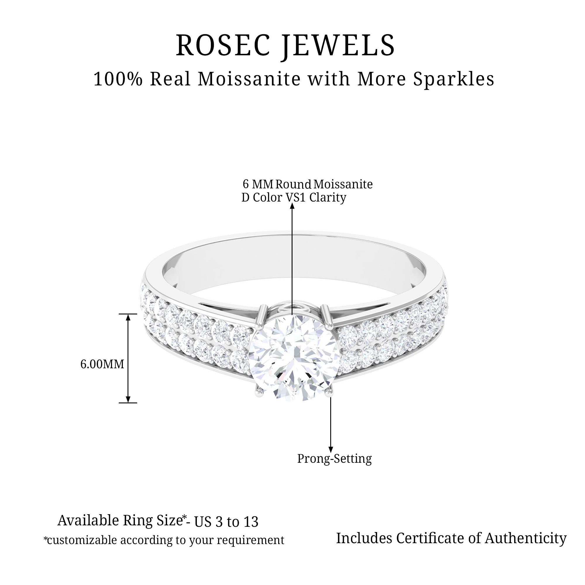 1.50 CT Moissanite Solitaire Engagement Ring with Side Stones Moissanite - ( D-VS1 ) - Color and Clarity - Rosec Jewels