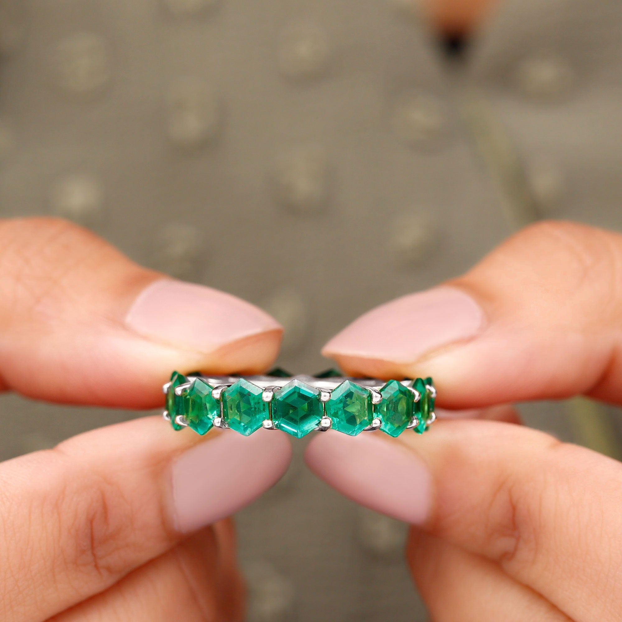 Hexagon Cut Created Emerald Full Eternity Band Ring Lab Created Emerald - ( AAAA ) - Quality - Rosec Jewels