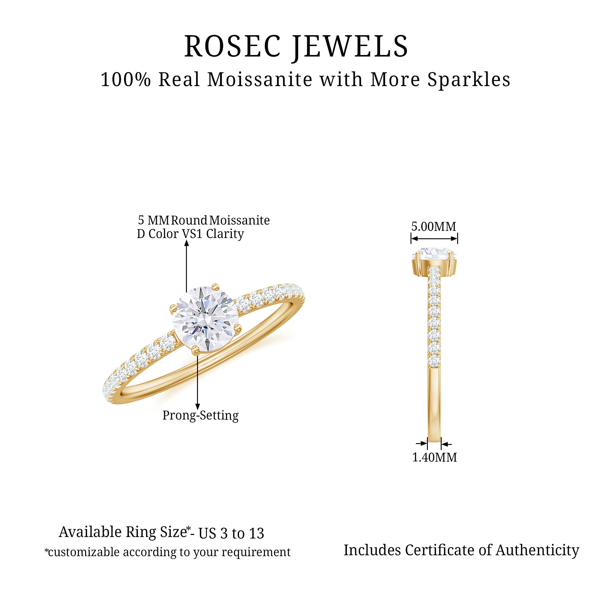 Round Shape Moissanite Solitaire Ring with Side Stones in Gold Moissanite - ( D-VS1 ) - Color and Clarity - Rosec Jewels