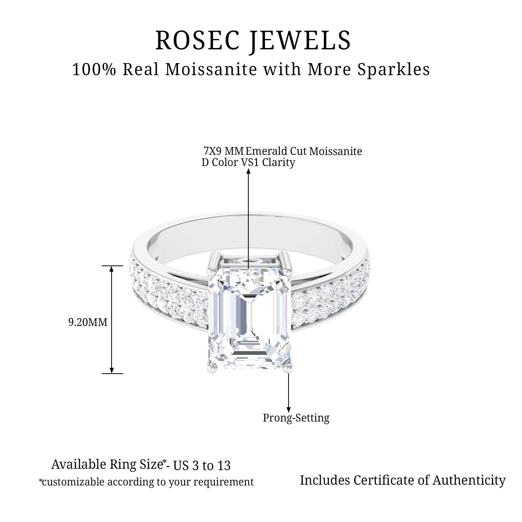 3.75 CT Octagon Cut Moissanite Solitaire Engagement Ring Moissanite - ( D-VS1 ) - Color and Clarity - Rosec Jewels