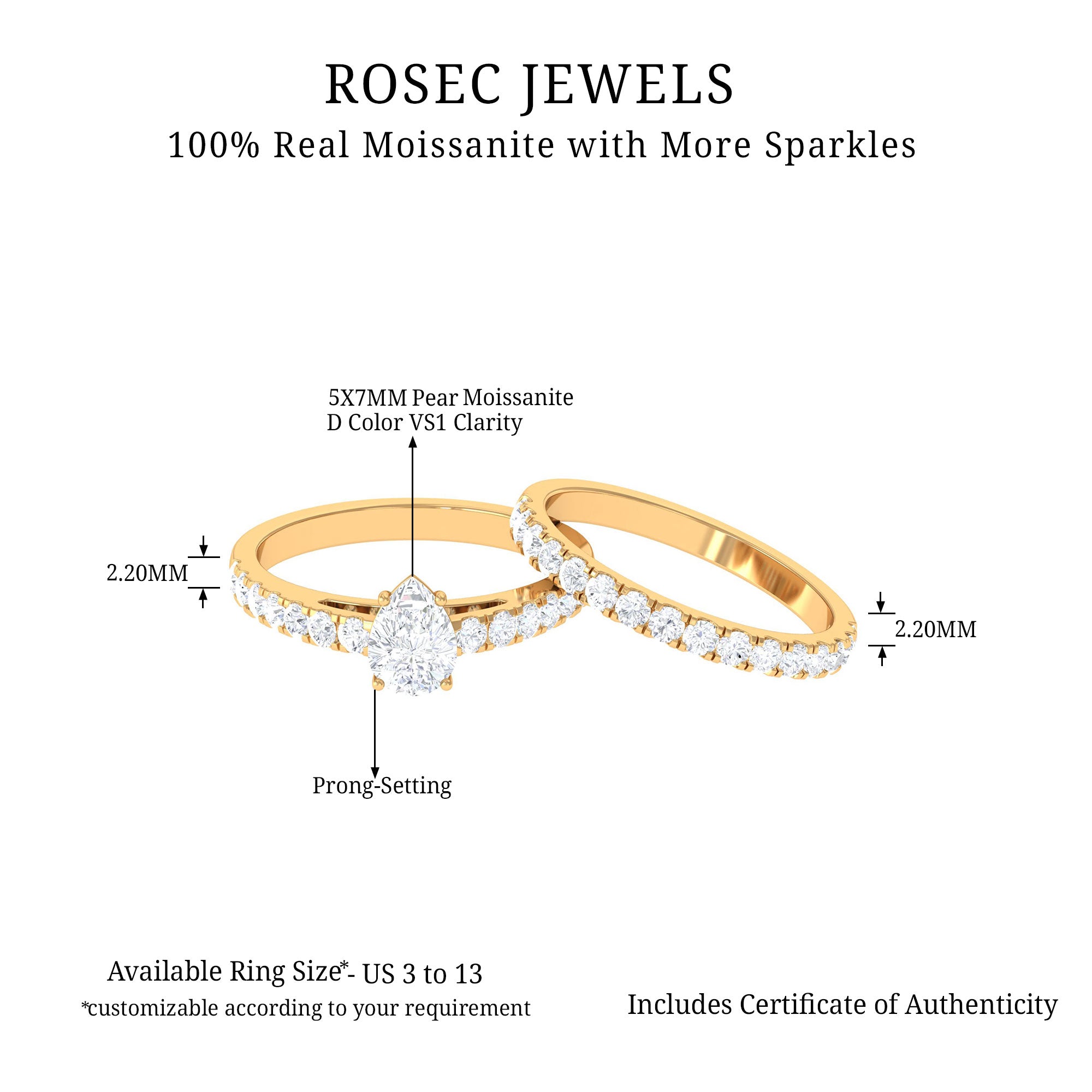 1.75 CT Moissanite Engagement Ring with Wedding Band Moissanite - ( D-VS1 ) - Color and Clarity - Rosec Jewels