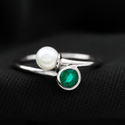 Freshwater Pearl and Created Emerald Wrap Ring in Silver - Rosec Jewels