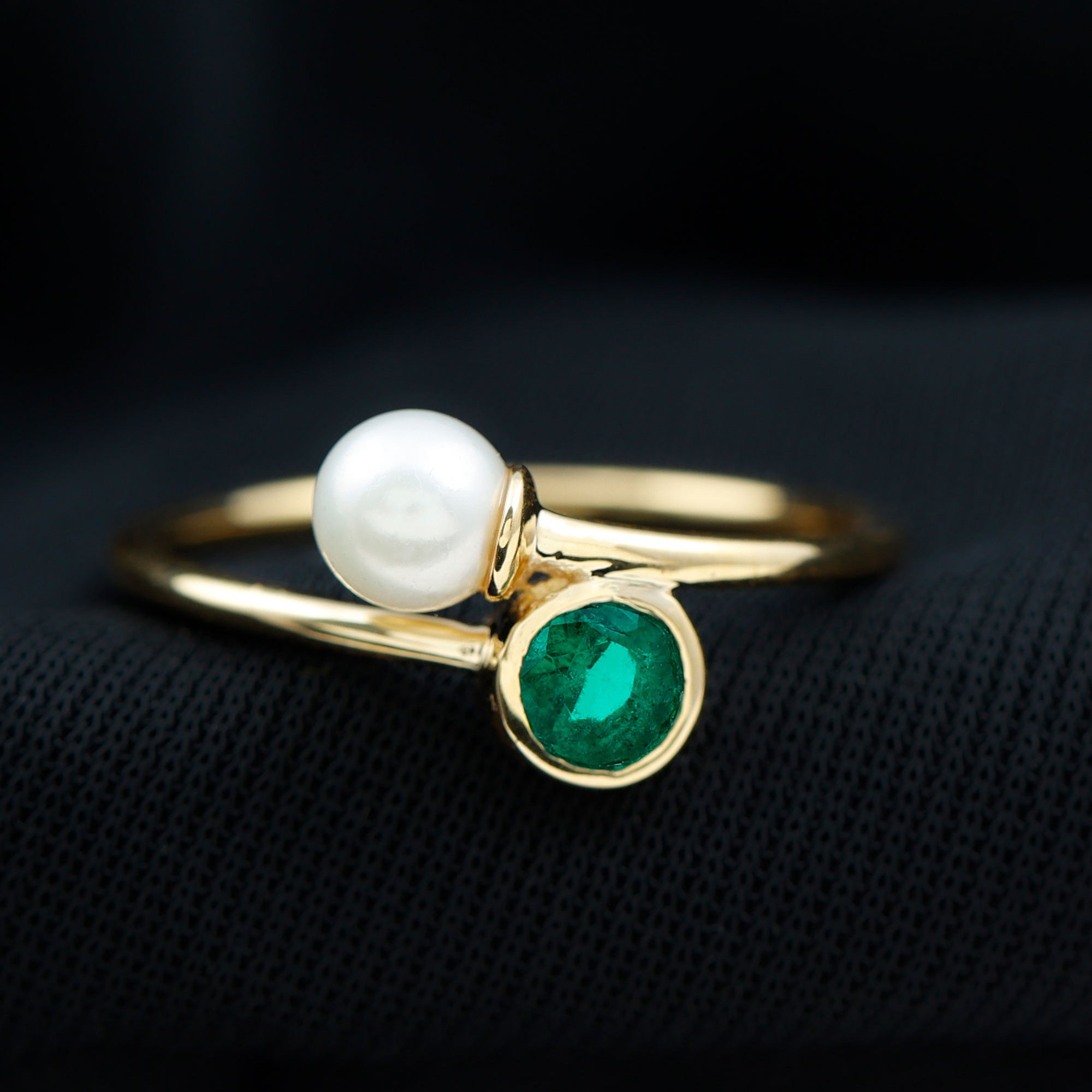 3/4 CT Freshwater Pearl and Created Emerald Two Stone Ring in Gold Freshwater Pearl - ( AAA ) - Quality - Rosec Jewels