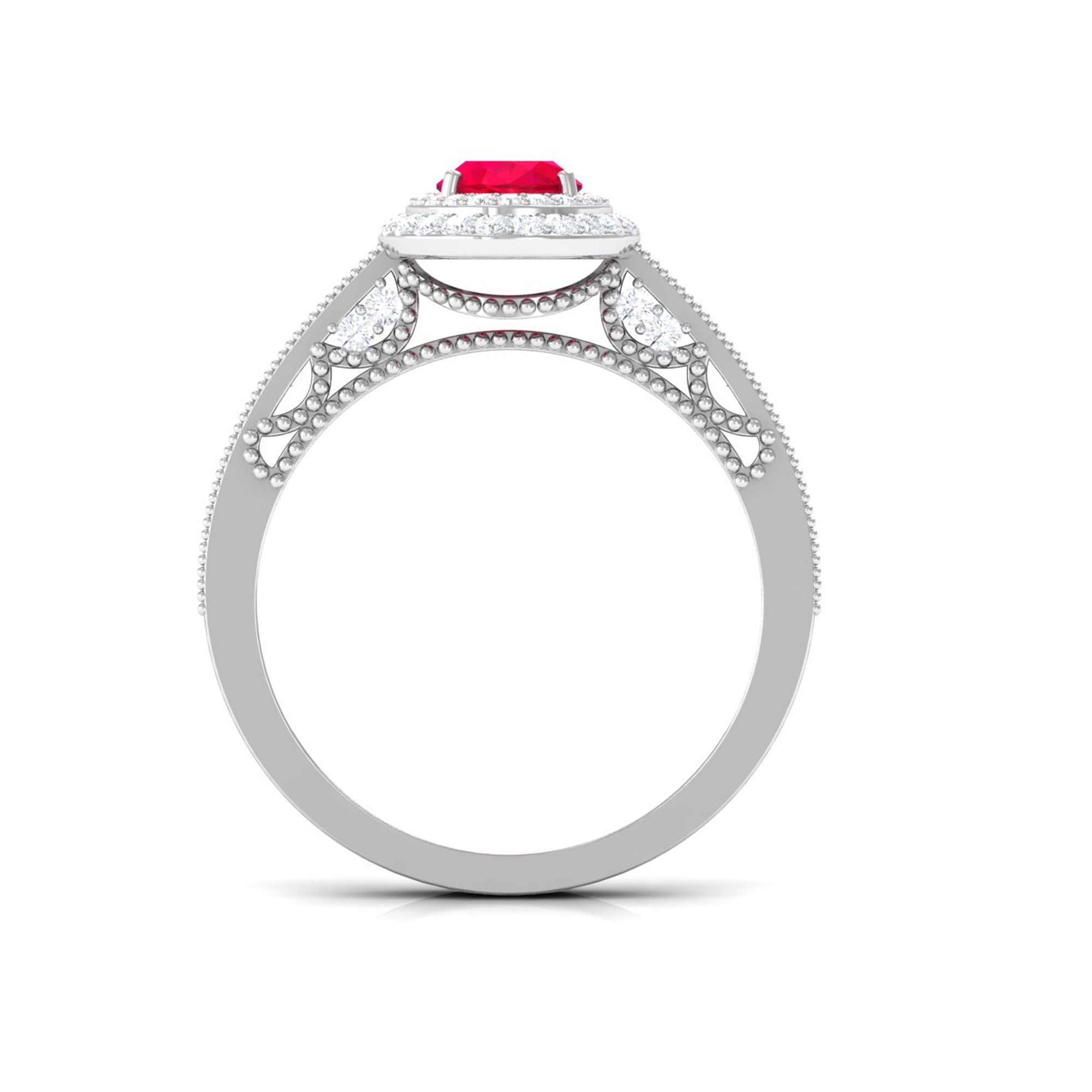 Oval Created Ruby and Diamond Double Halo Engagement Ring Lab Created Ruby - ( AAAA ) - Quality - Rosec Jewels