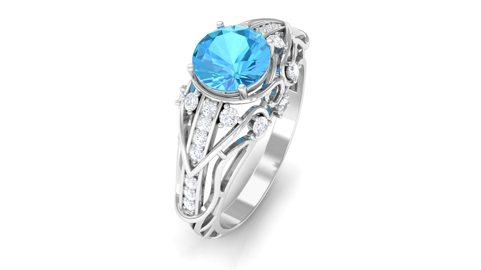 1 CT Vintage Inspired Swiss Blue Topaz Engagement Ring with Diamond Swiss Blue Topaz - ( AAA ) - Quality - Rosec Jewels