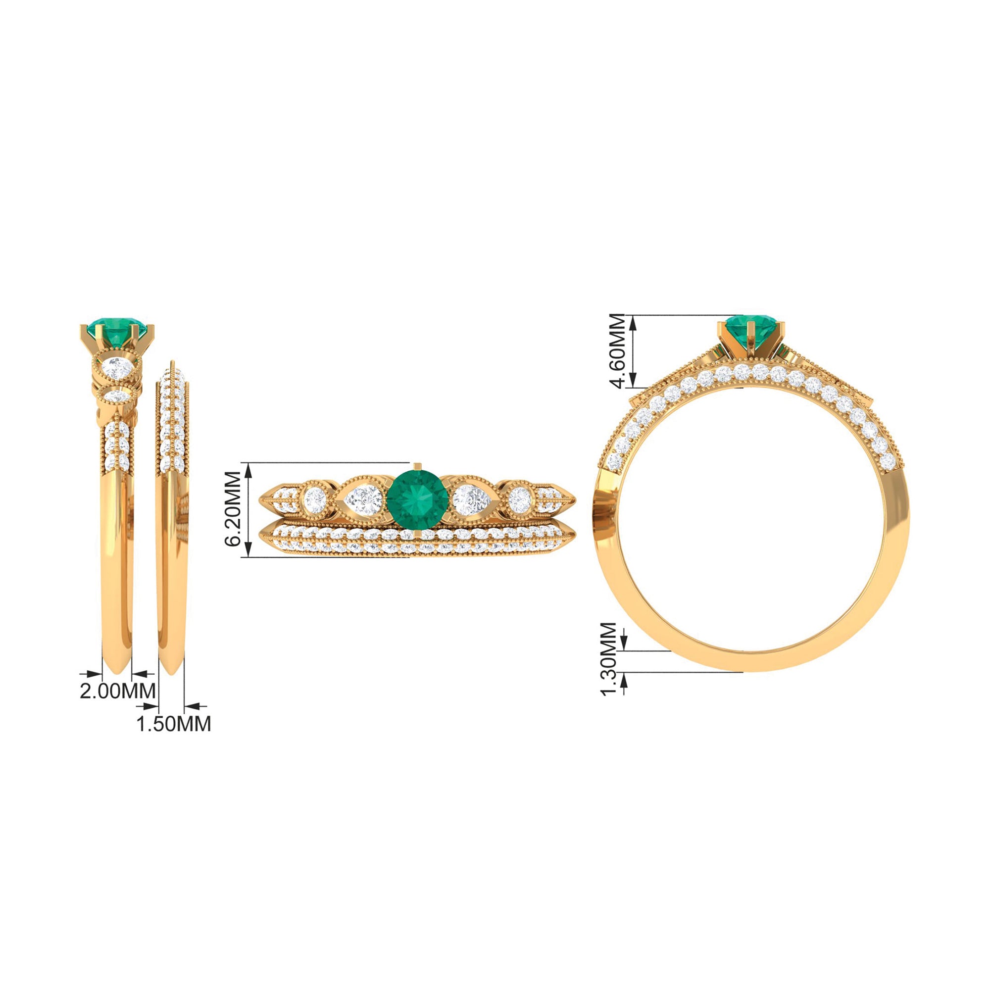 Vintage Inspired Real Emerald Wedding Ring Set with Diamond Emerald - ( AAA ) - Quality - Rosec Jewels