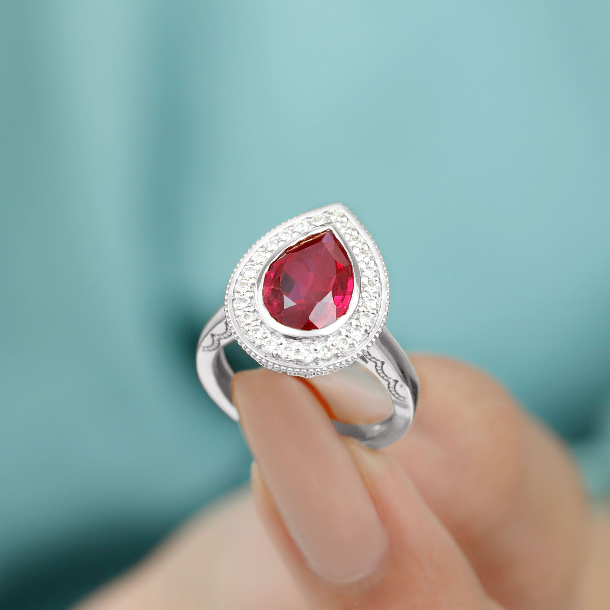 Vintage Style Created Ruby Teardrop Engagement Ring with Diamond Halo Lab Created Ruby - ( AAAA ) - Quality - Rosec Jewels