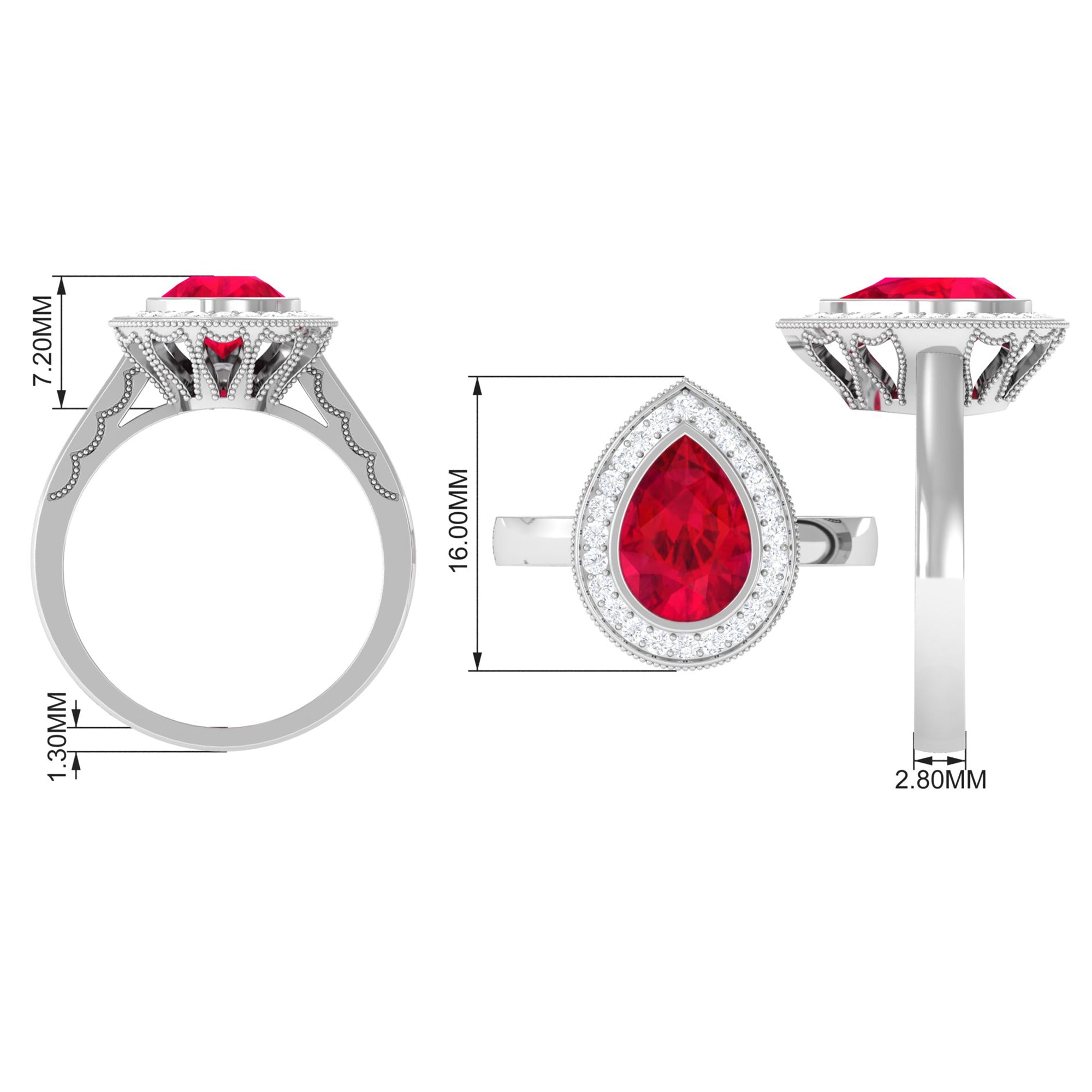 Vintage Style Created Ruby Teardrop Engagement Ring with Diamond Halo Lab Created Ruby - ( AAAA ) - Quality - Rosec Jewels