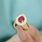 Vintage Style Created Ruby Teardrop Engagement Ring with Diamond Halo Lab Created Ruby - ( AAAA ) - Quality - Rosec Jewels